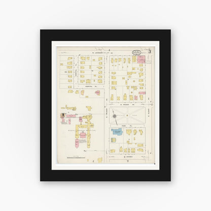 Old map wall art mockup — black gallery frame with white mat — Sanborn Fire Insurance Map from Sayre, Bradford County, Pennsylvania (1915), Sheet #0003
