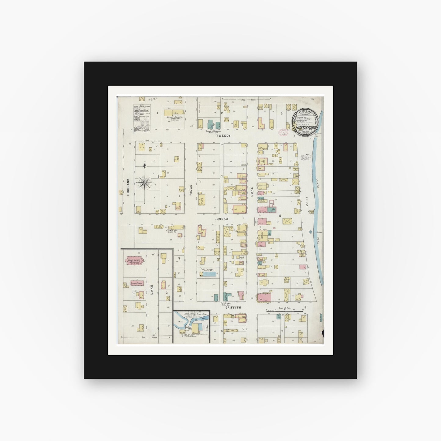 Old map wall art mockup — black gallery frame with white mat — Sanborn Fire Insurance Map from Hustisford, Dodge County, Wisconsin (1894), Sheet #0001