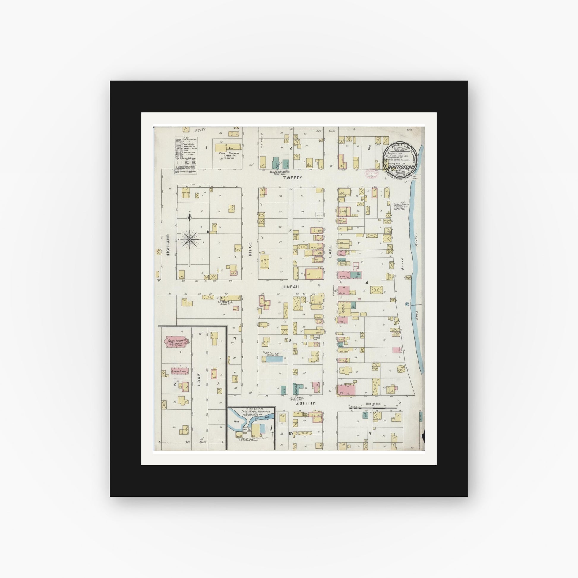 Old map wall art mockup — black gallery frame with white mat — Sanborn Fire Insurance Map from Hustisford, Dodge County, Wisconsin (1894), Sheet #0001