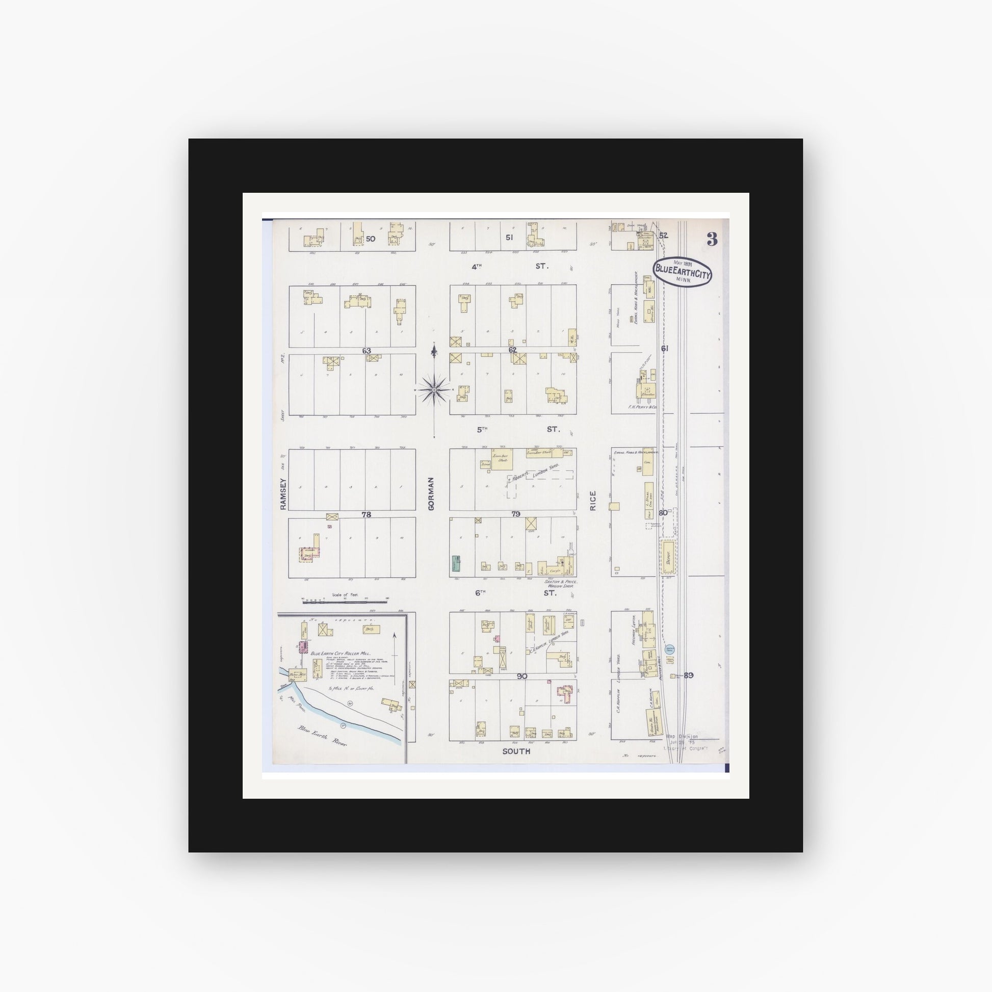 Old map wall art mockup — black gallery frame with white mat — Sanborn Fire Insurance Map from Blue Earth, Faribault County, Minnesota (1891), Sheet #0003