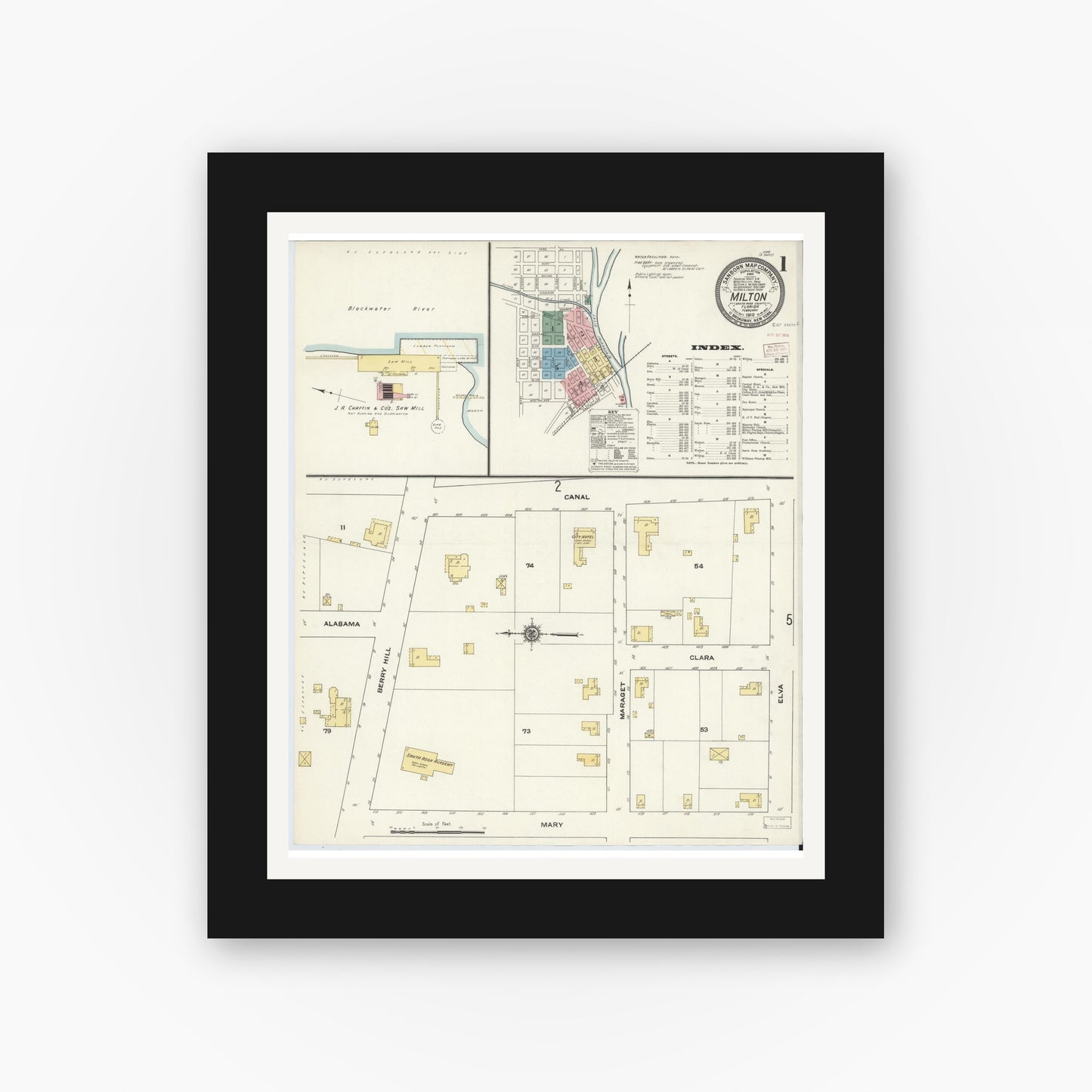 Old map wall art mockup — black gallery frame with white mat — Sanborn Fire Insurance Map from Milton, Santa Rosa County, Florida (1910) - Complete Map Set