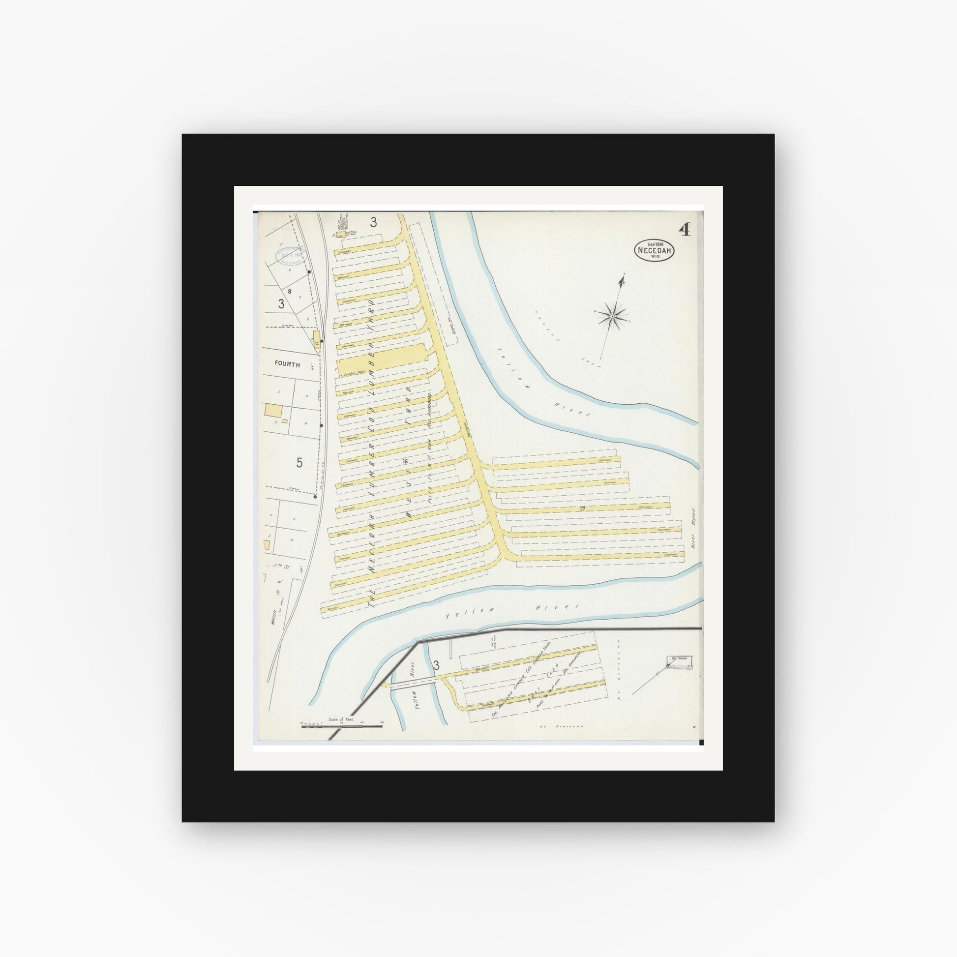 Old map wall art mockup — black gallery frame with white mat — Sanborn Fire Insurance Map from Necedah, Juneau County, Wisconsin (1898), Sheet #0004