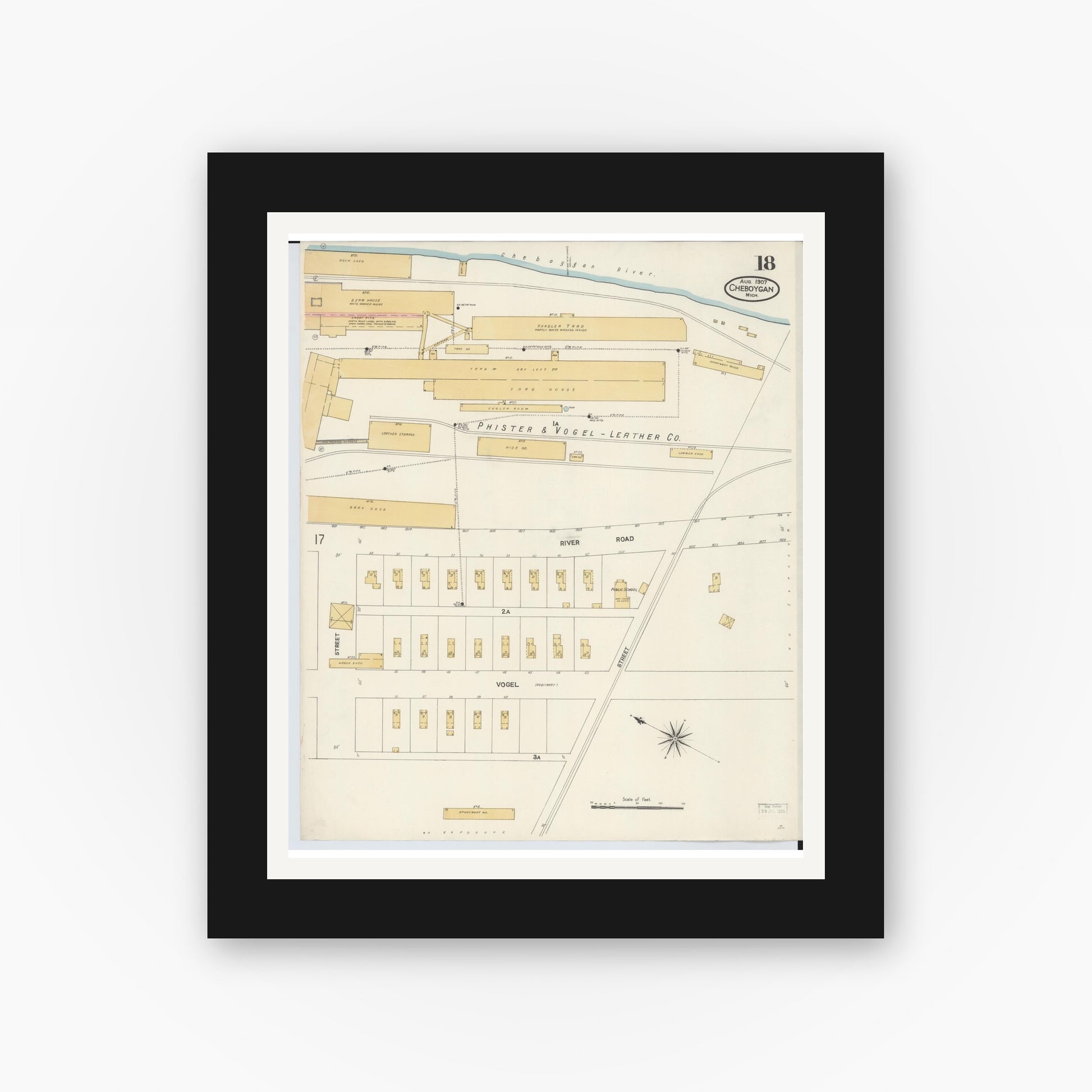 Old map wall art mockup — black gallery frame with white mat — Sanborn Fire Insurance Map from Cheboygan, Cheboygan County, Michigan (1907), Sheet #0018
