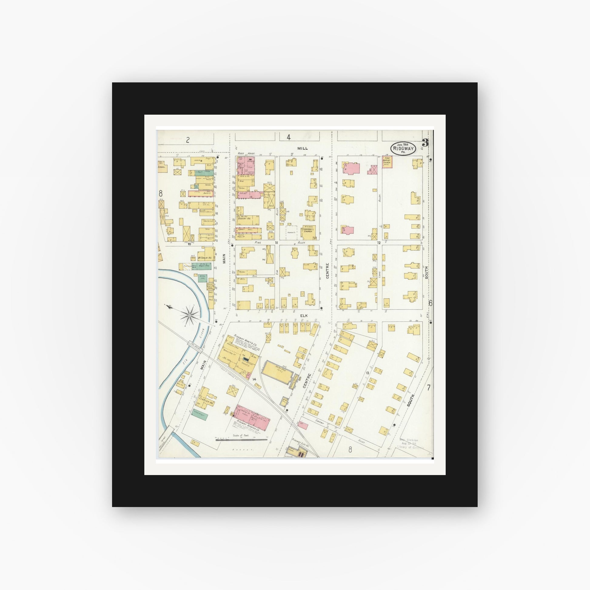 Old map wall art mockup — black gallery frame with white mat — Sanborn Fire Insurance Map from Ridgway, Elk County, Pennsylvania (1904), Sheet #0003