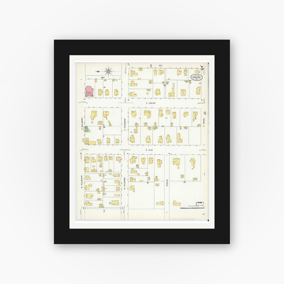 Old map wall art mockup — black gallery frame with white mat — Sanborn Fire Insurance Map from Denton, Denton County, Texas (1907), Sheet #0005