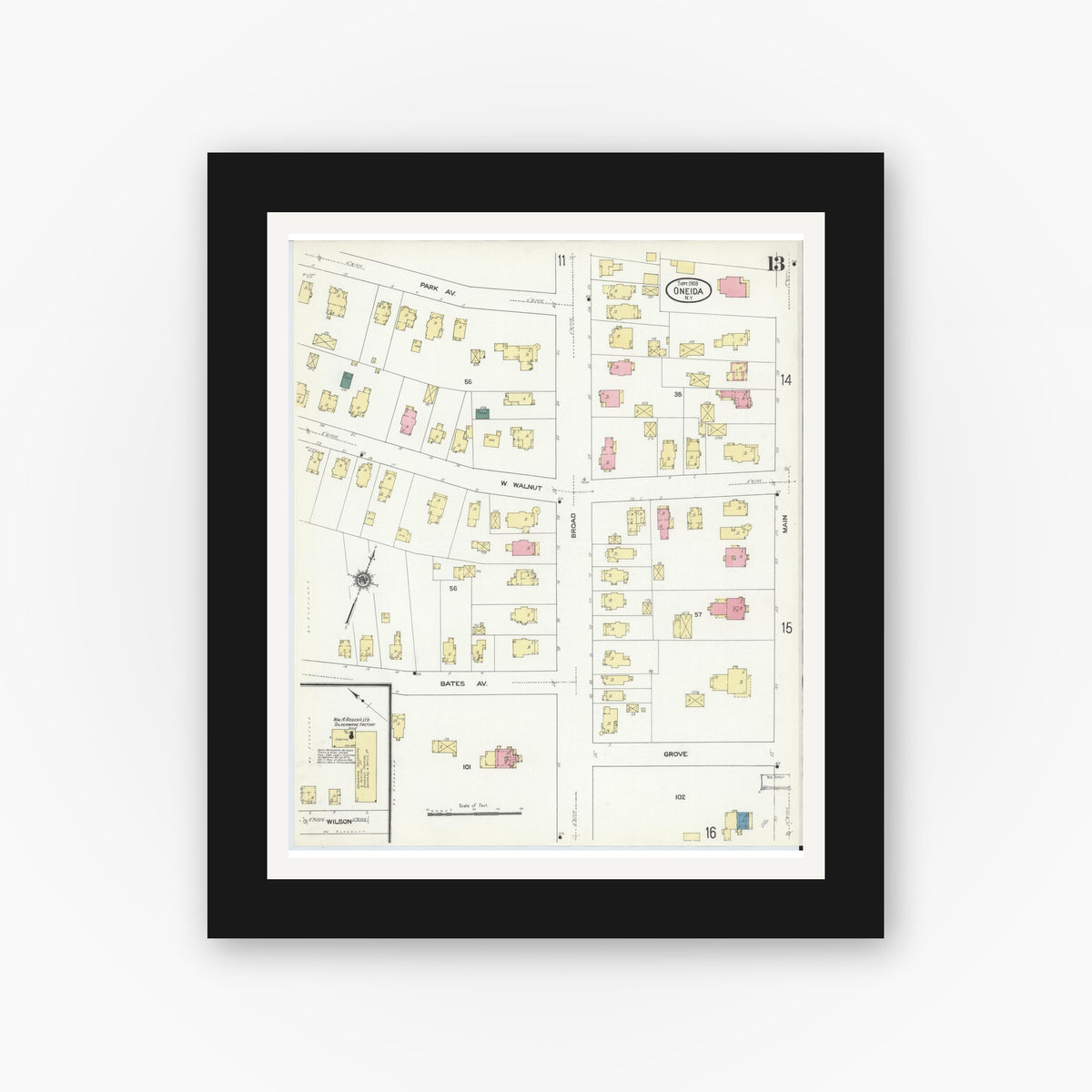Old map wall art mockup — black gallery frame with white mat — Sanborn Fire Insurance Map from Oneida, Madison County, New York (1909), Sheet #0013