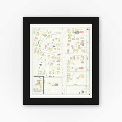 Old map wall art mockup — black gallery frame with white mat — Sanborn Fire Insurance Map from Oneida, Madison County, New York (1909), Sheet #0013