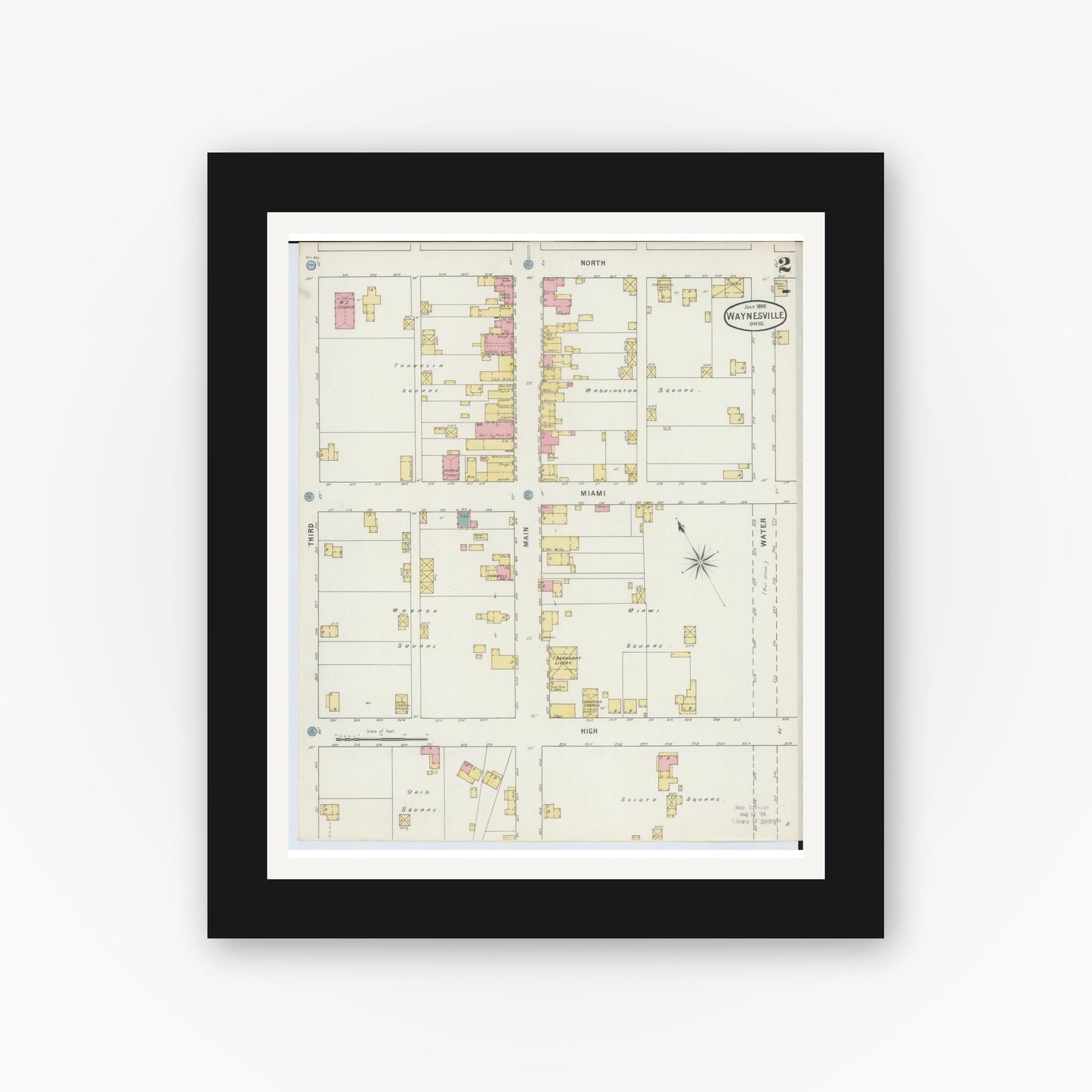 Old map wall art mockup — black gallery frame with white mat — Sanborn Fire Insurance Map from Waynesville, Warren County, Ohio (1895), Sheet #0002