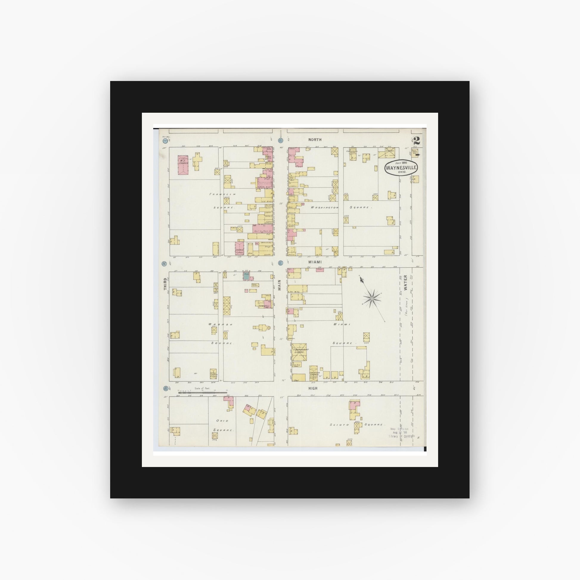 Old map wall art mockup — black gallery frame with white mat — Sanborn Fire Insurance Map from Waynesville, Warren County, Ohio (1895), Sheet #0002