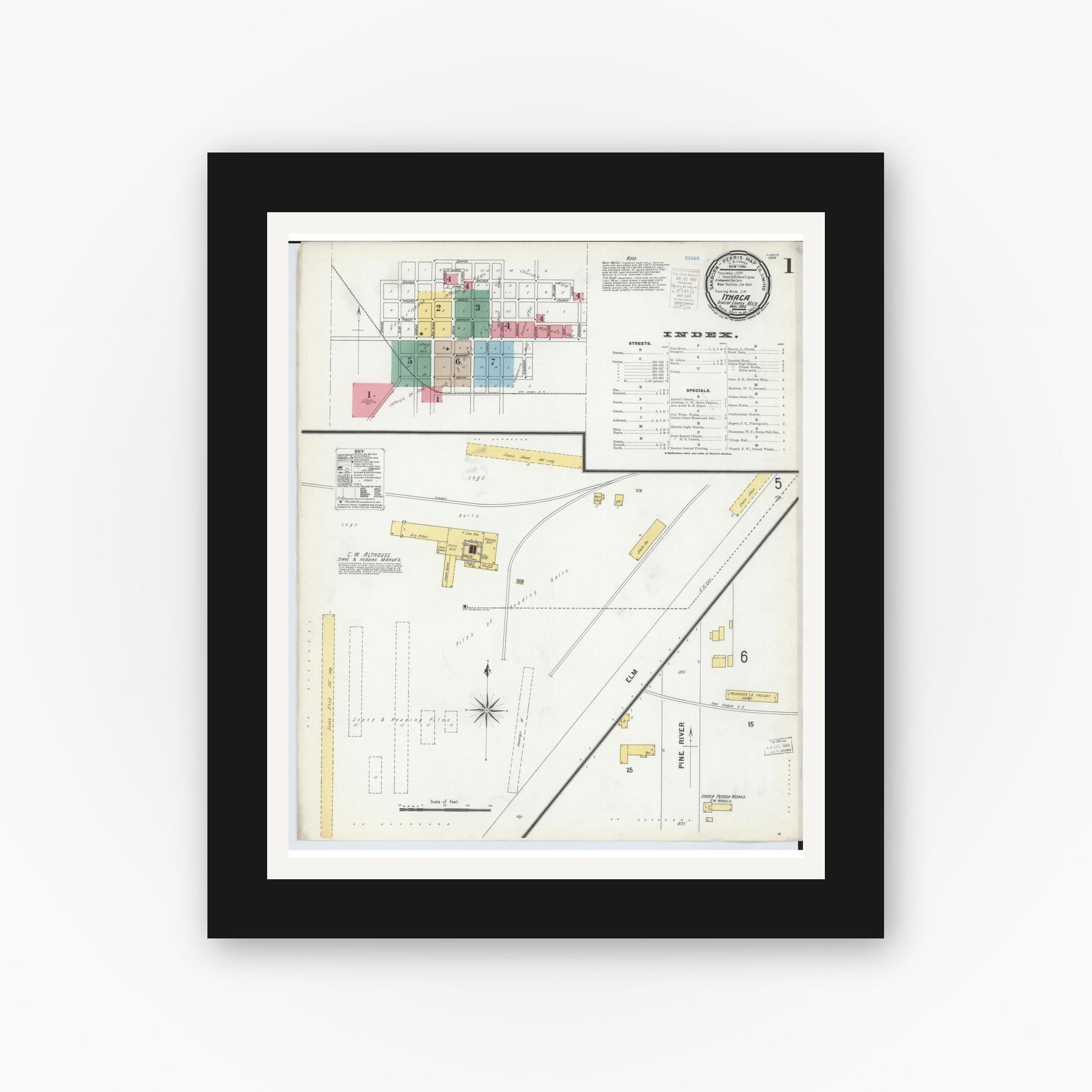 Old map wall art mockup — black gallery frame with white mat — Sanborn Fire Insurance Map from Ithaca, Gratiot County, Michigan (1900) - Complete Map Set