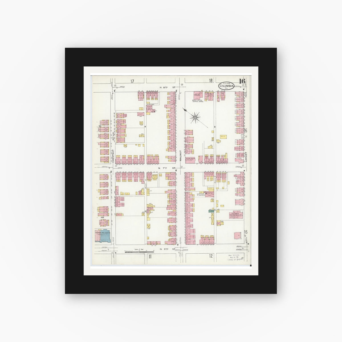 Old map wall art mockup — black gallery frame with white mat — Sanborn Fire Insurance Map from Columbia, Lancaster County, Pennsylvania (1909), Sheet #0016