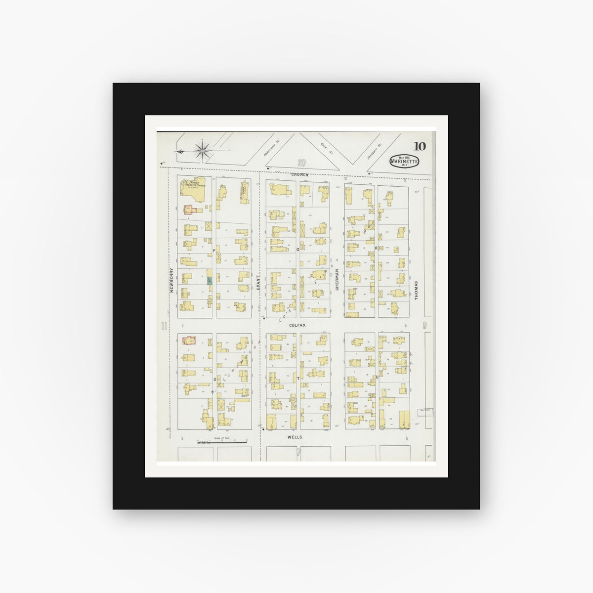 Old map wall art mockup — black gallery frame with white mat — Sanborn Fire Insurance Map from Marinette, Marinette County, Wisconsin (1895), Sheet #0010