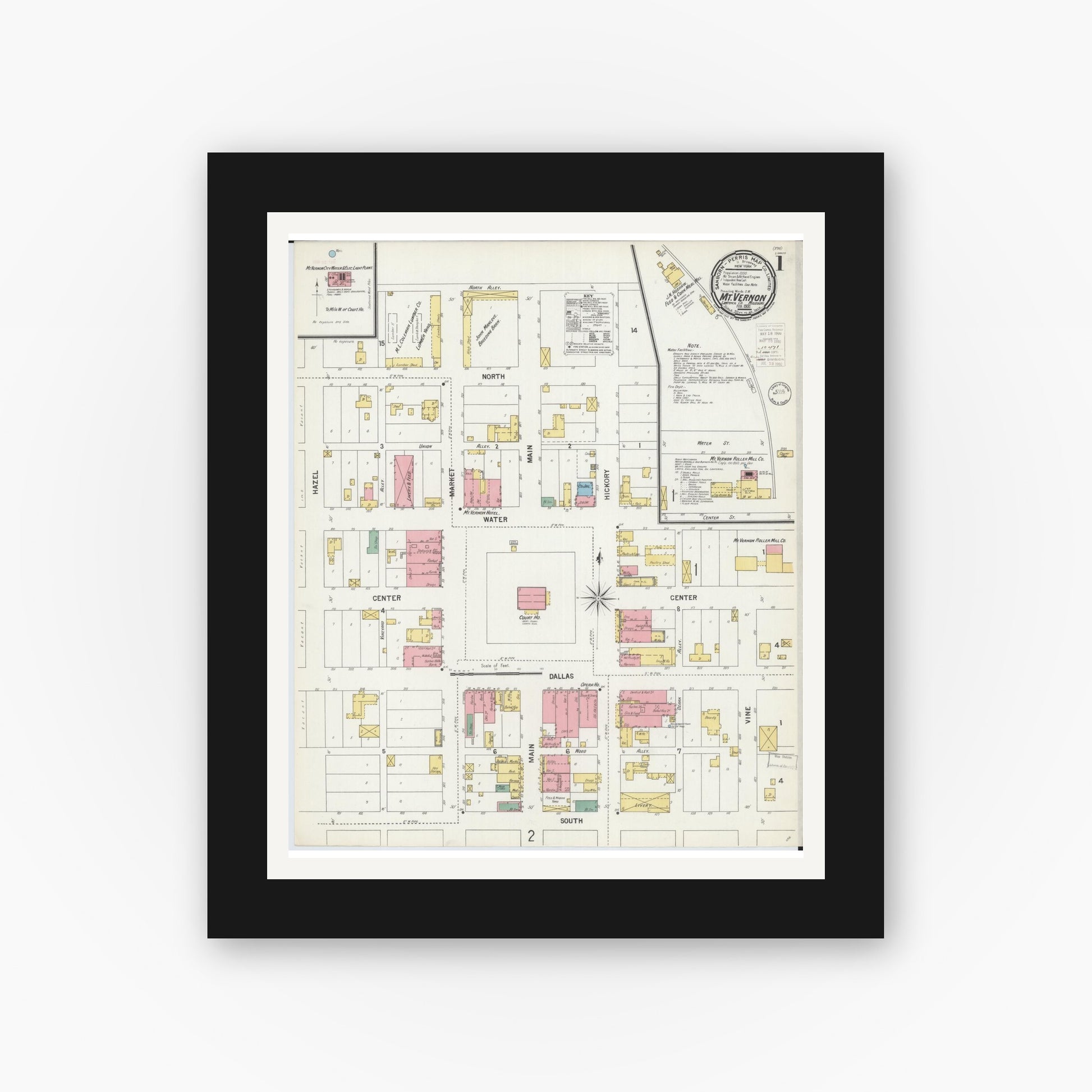Old map wall art mockup — black gallery frame with white mat — Sanborn Fire Insurance Map from Mount Vernon, Lawrence County, Missouri (1900) - Complete Map Set