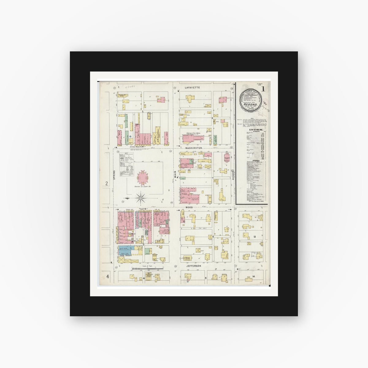 Old map wall art mockup — black gallery frame with white mat — Sanborn Fire Insurance Map from Neosho, Newton County, Missouri (1896), Sheet #0001