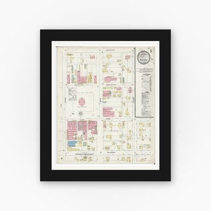 Old map wall art mockup — black gallery frame with white mat — Sanborn Fire Insurance Map from Neosho, Newton County, Missouri (1896), Sheet #0001