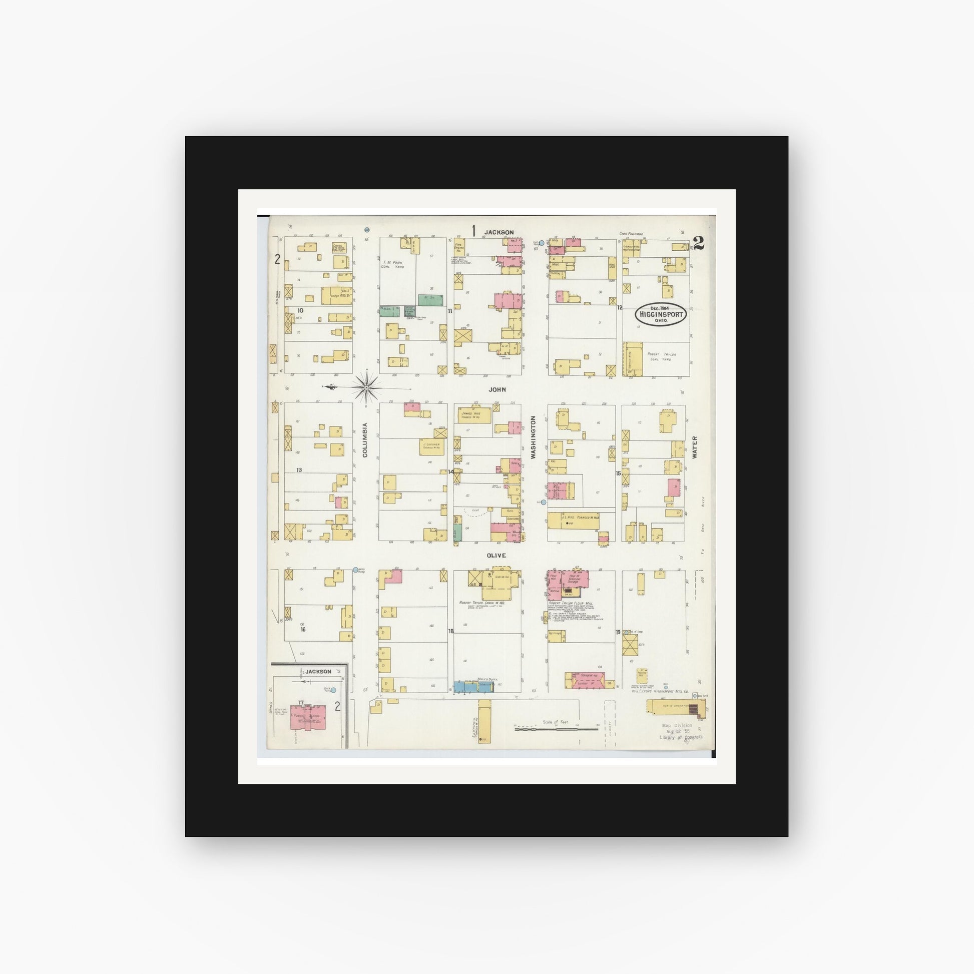 Old map wall art mockup — black gallery frame with white mat — Sanborn Fire Insurance Map from Higginsport, Brown County, Ohio (1904), Sheet #0002