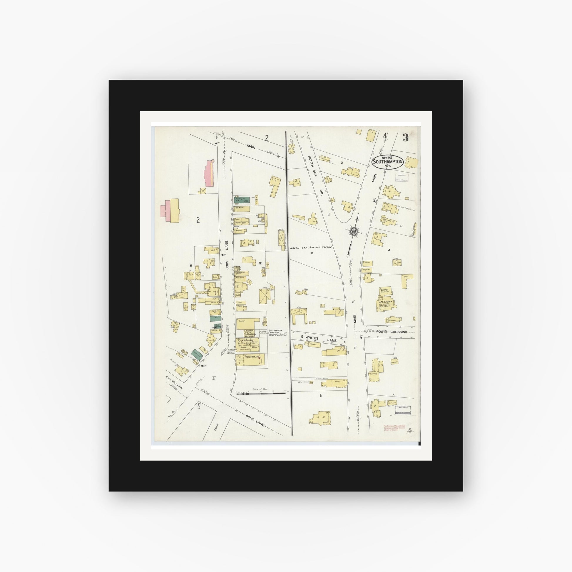 Old map wall art mockup — black gallery frame with white mat — Sanborn Fire Insurance Map from Southampton, Suffolk County, New York (1909), Sheet #0003
