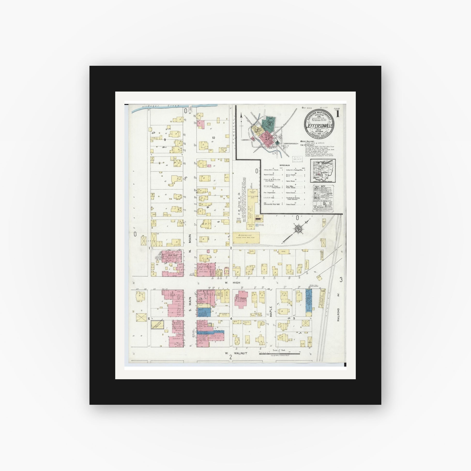 Old map wall art mockup — black gallery frame with white mat — Sanborn Fire Insurance Map from Jeffersonville, Fayette County, Ohio (1921) - Complete Map Set