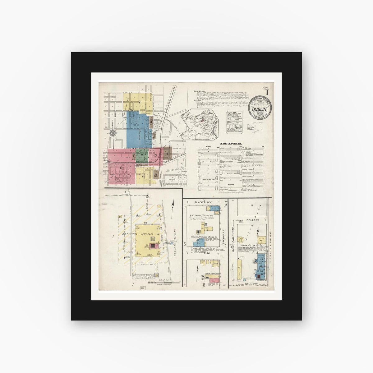 Old map wall art mockup — black gallery frame with white mat — Sanborn Fire Insurance Map from Dublin, Erath County, Texas (1921), Sheet #0001