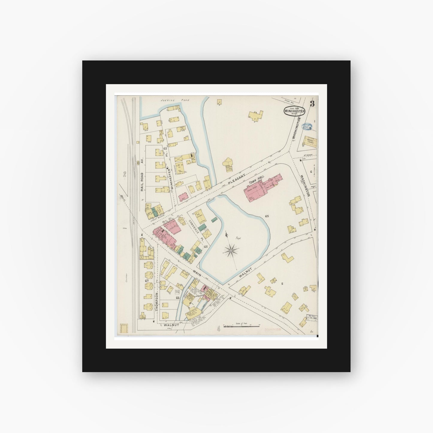 Old map wall art mockup — black gallery frame with white mat — Sanborn Fire Insurance Map from Winchester, Middlesex County, Massachusetts (1894), Sheet #0003