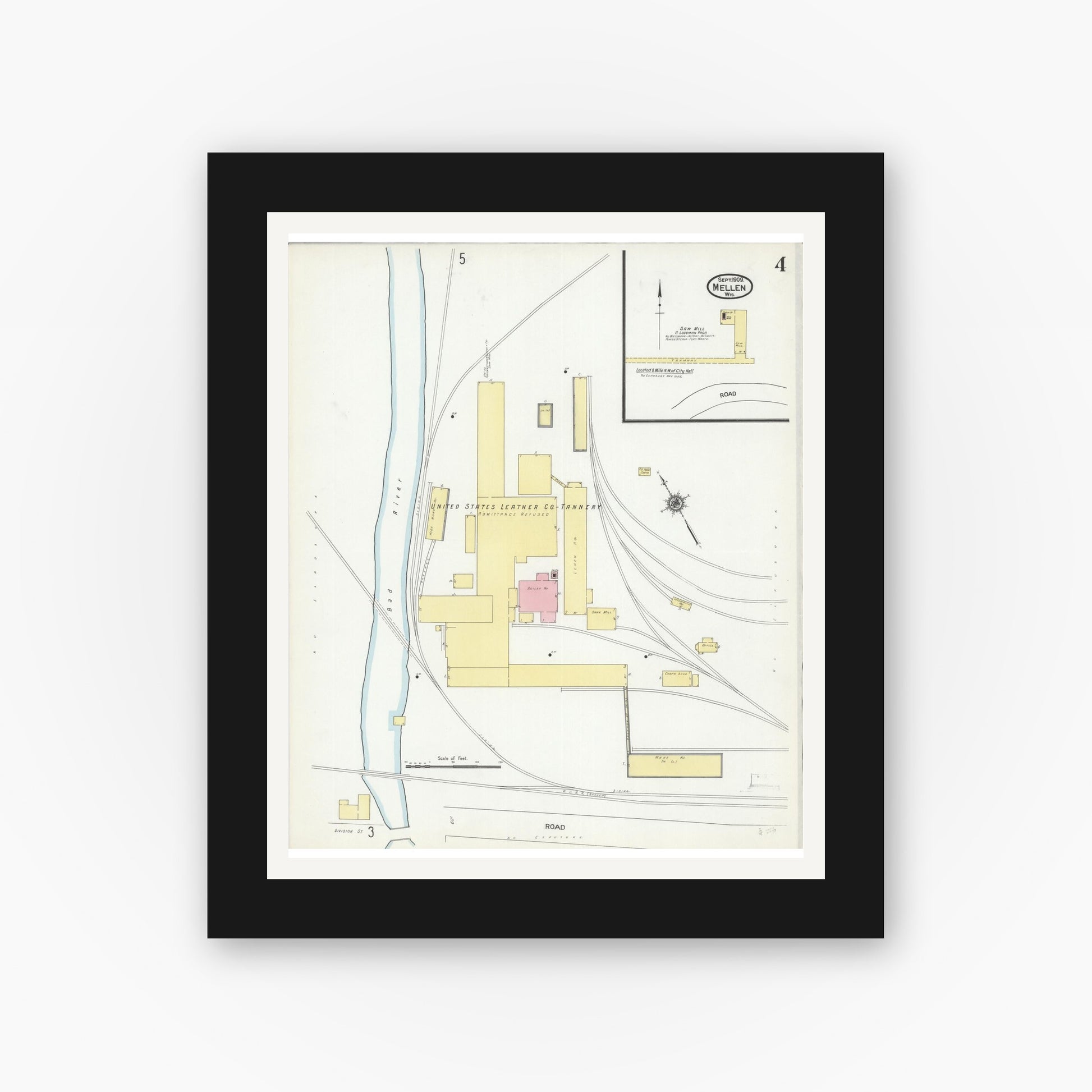 Old map wall art mockup — black gallery frame with white mat — Sanborn Fire Insurance Map from Mellen, Ashland County, Wisconsin (1909), Sheet #0004