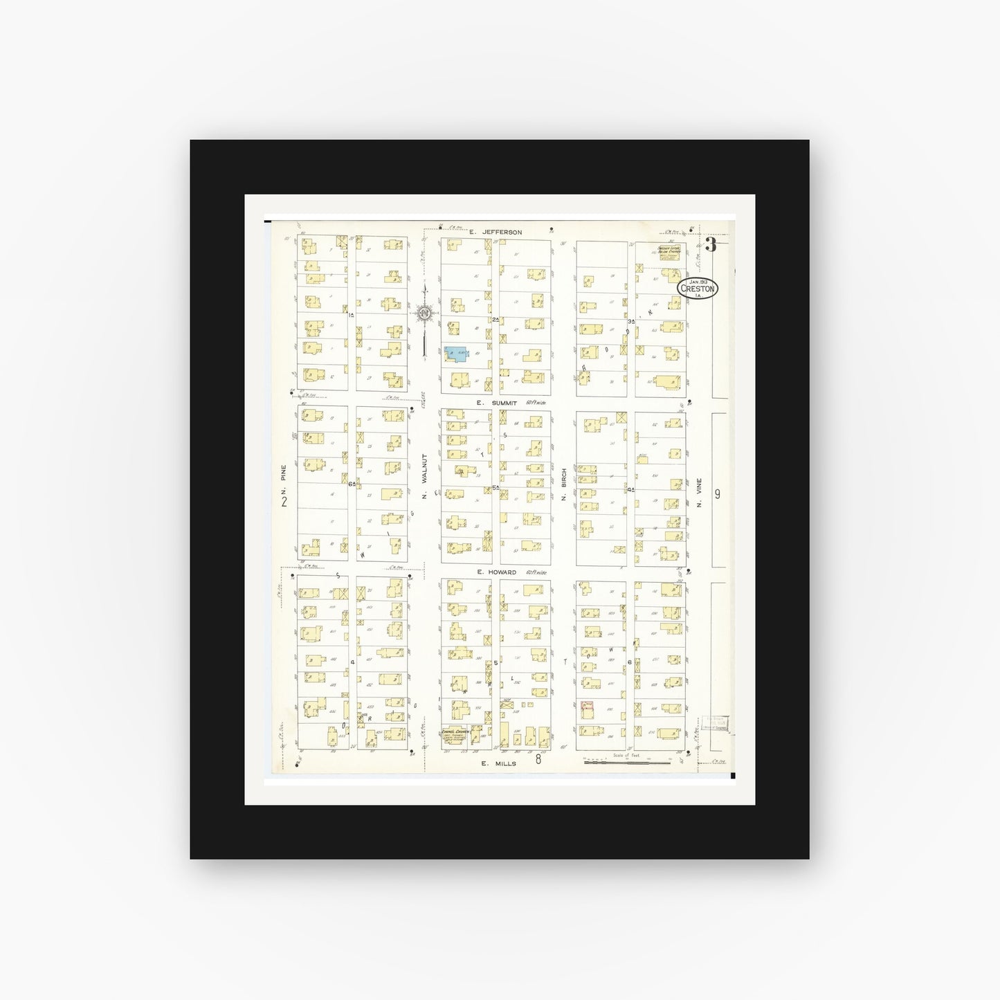 Old map wall art mockup — black gallery frame with white mat — Sanborn Fire Insurance Map from Creston, Union County, Iowa (1913), Sheet #0003