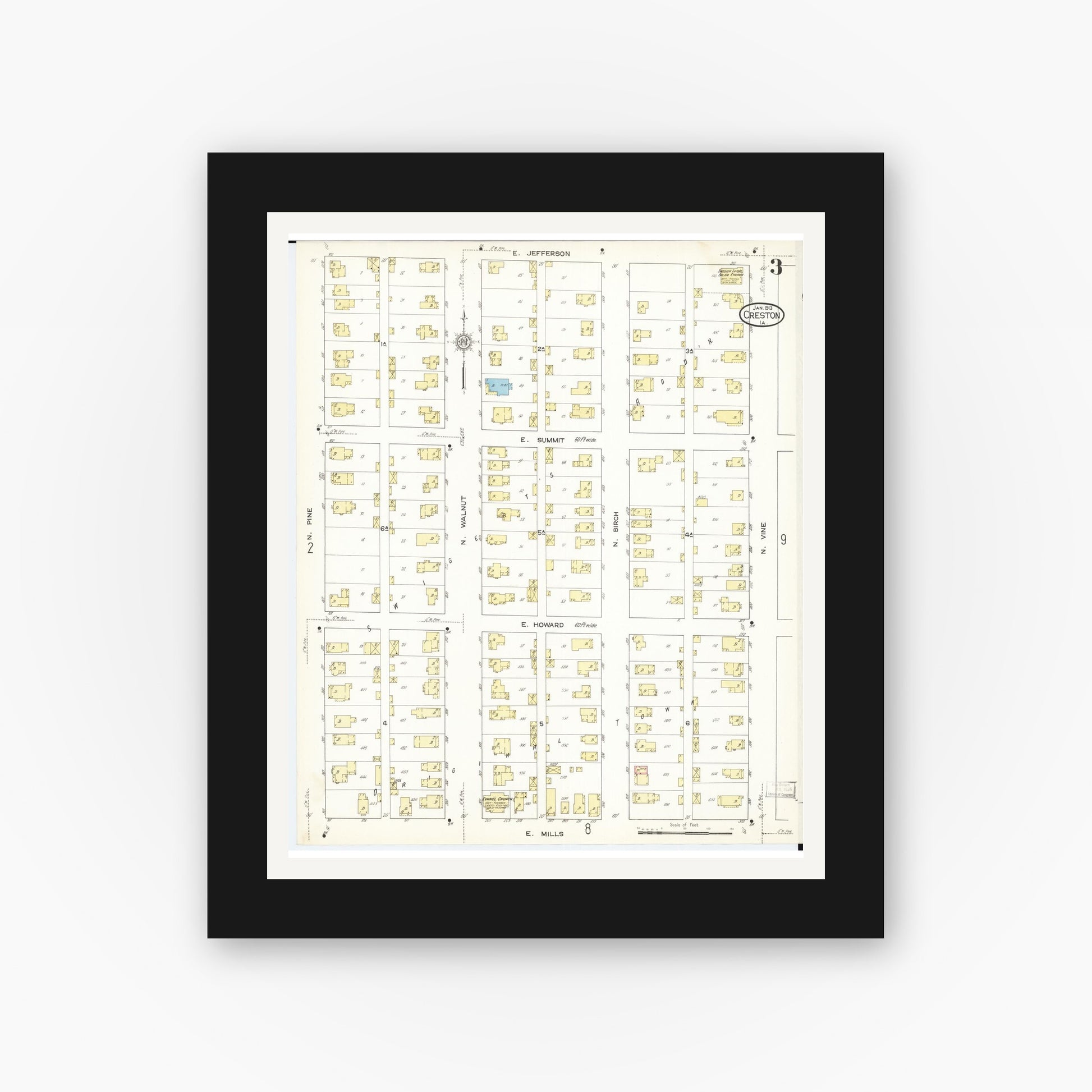 Old map wall art mockup — black gallery frame with white mat — Sanborn Fire Insurance Map from Creston, Union County, Iowa (1913), Sheet #0003