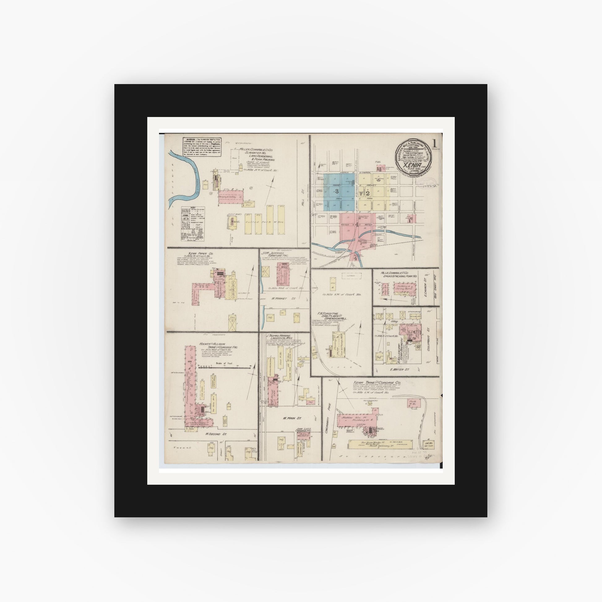 Old map wall art mockup — black gallery frame with white mat — Sanborn Fire Insurance Map from Xenia, Greene County, Ohio (1885) - Complete Map Set