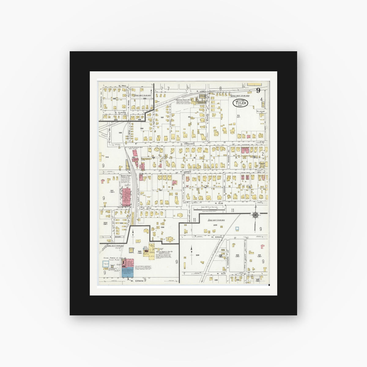 Old map wall art mockup — black gallery frame with white mat — Sanborn Fire Insurance Map from Tyler, Smith County, Texas (1919), Sheet #0009