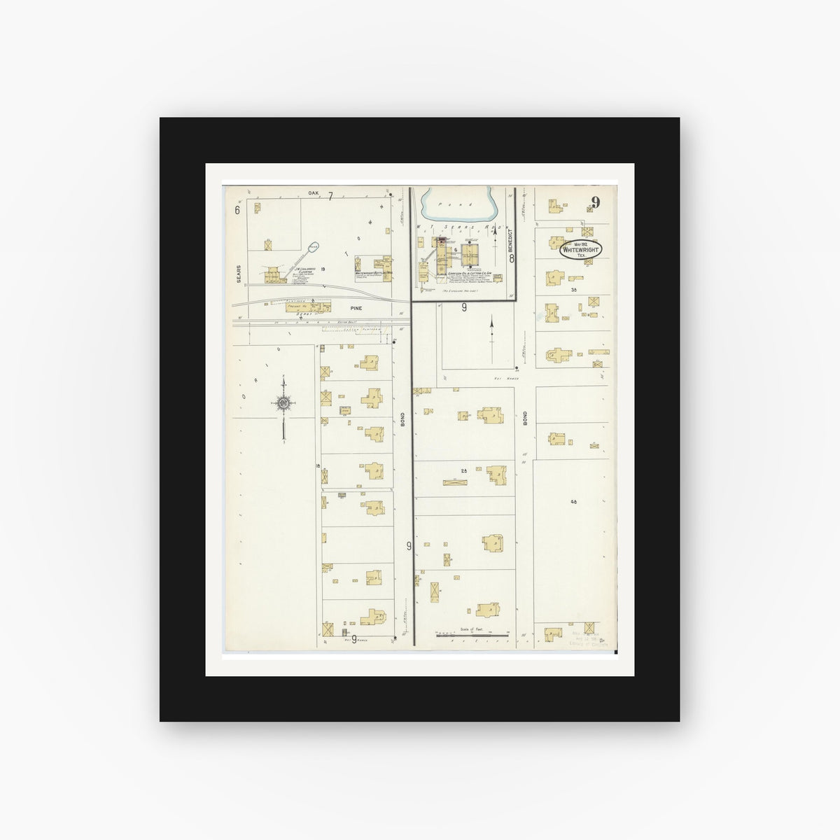 Old map wall art mockup — black gallery frame with white mat — Sanborn Fire Insurance Map from Whitewright, Grayson County, Texas (1912), Sheet #0009