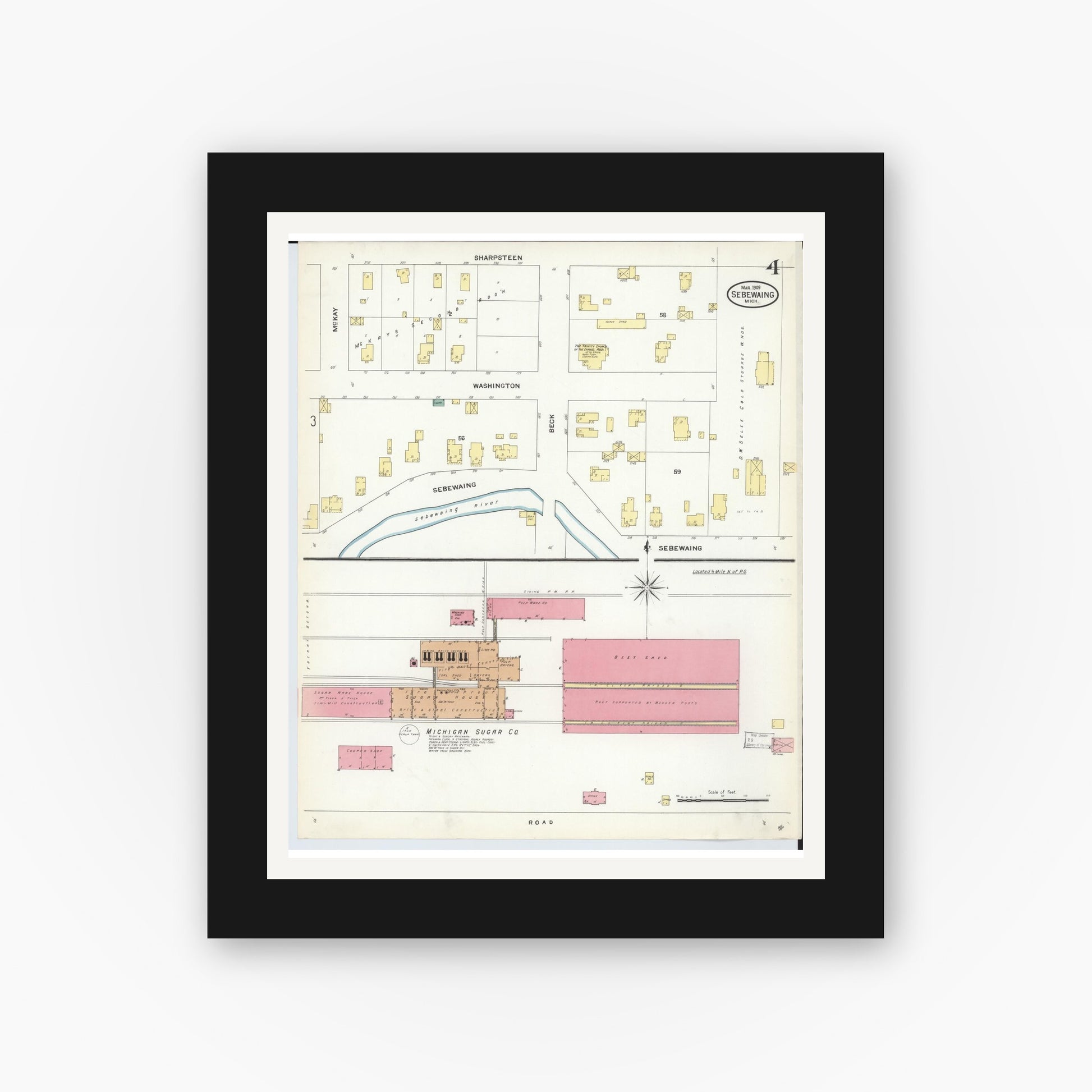 Old map wall art mockup — black gallery frame with white mat — Sanborn Fire Insurance Map from Sebewaing, Huron County, Michigan (1909), Sheet #0004