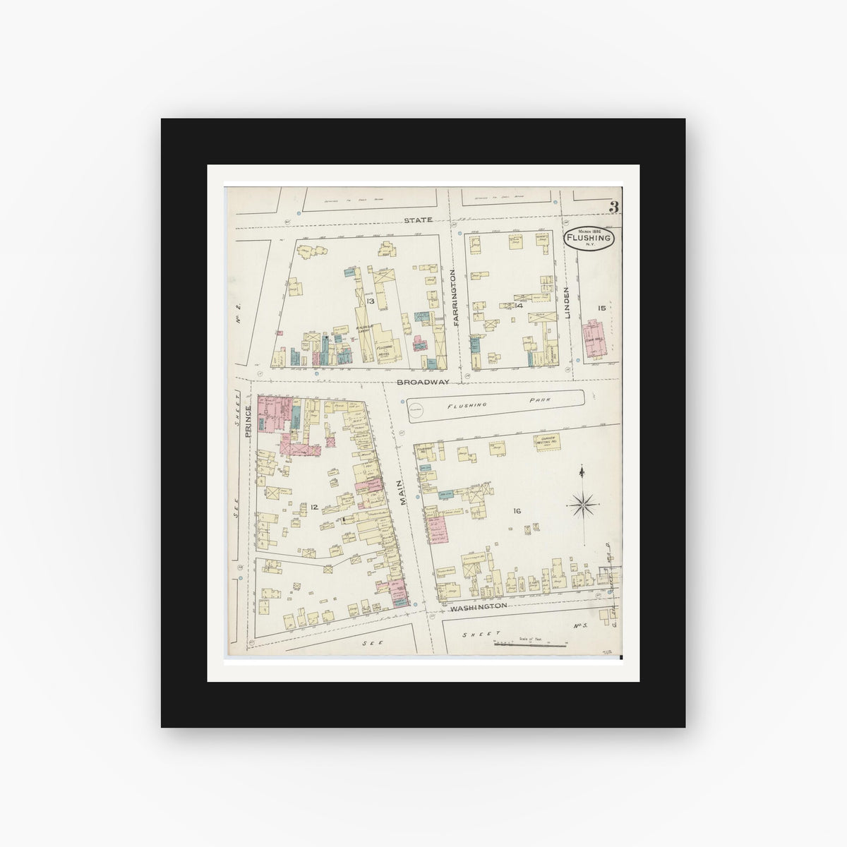 Old map wall art mockup — black gallery frame with white mat — Sanborn Fire Insurance Map from Flushing, Queens County, New York (1886), Sheet #0003