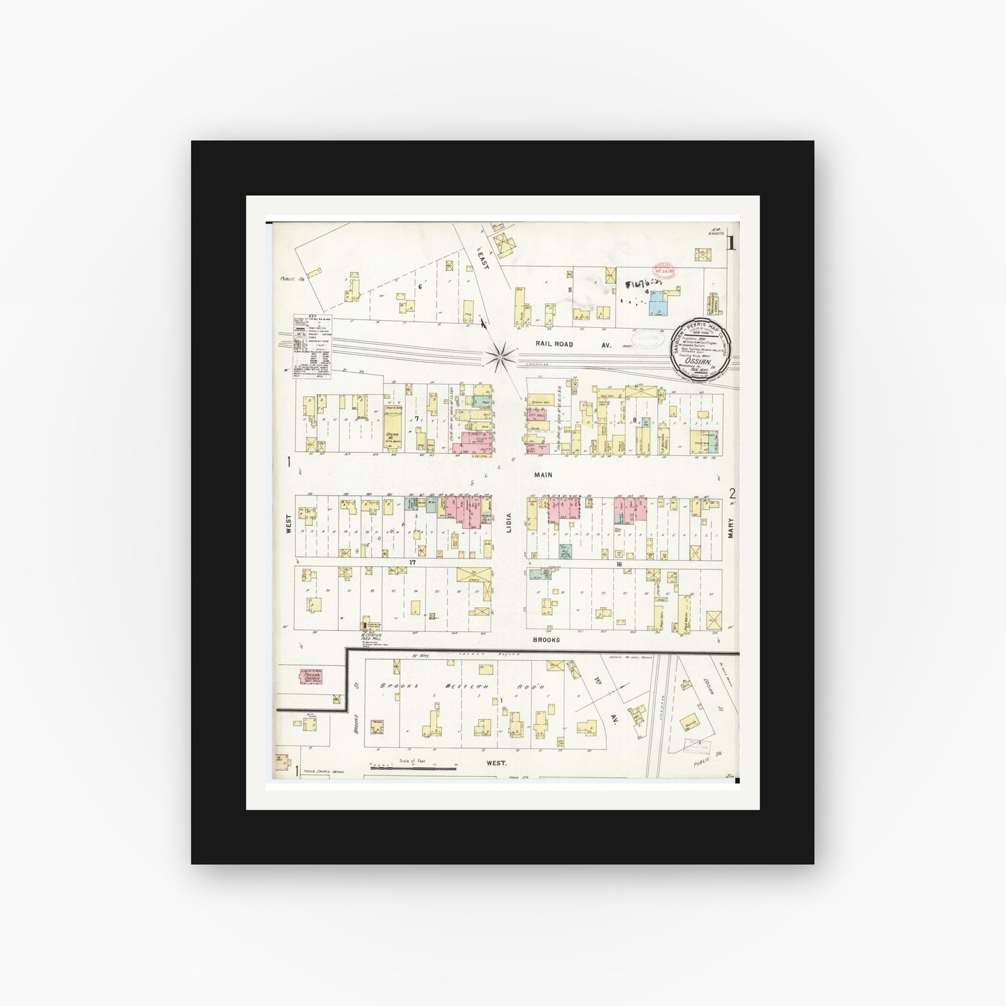 Old map wall art mockup — black gallery frame with white mat — Sanborn Fire Insurance Map from Ossian, Winneshiek County, Iowa (1897) â€” Complete Set