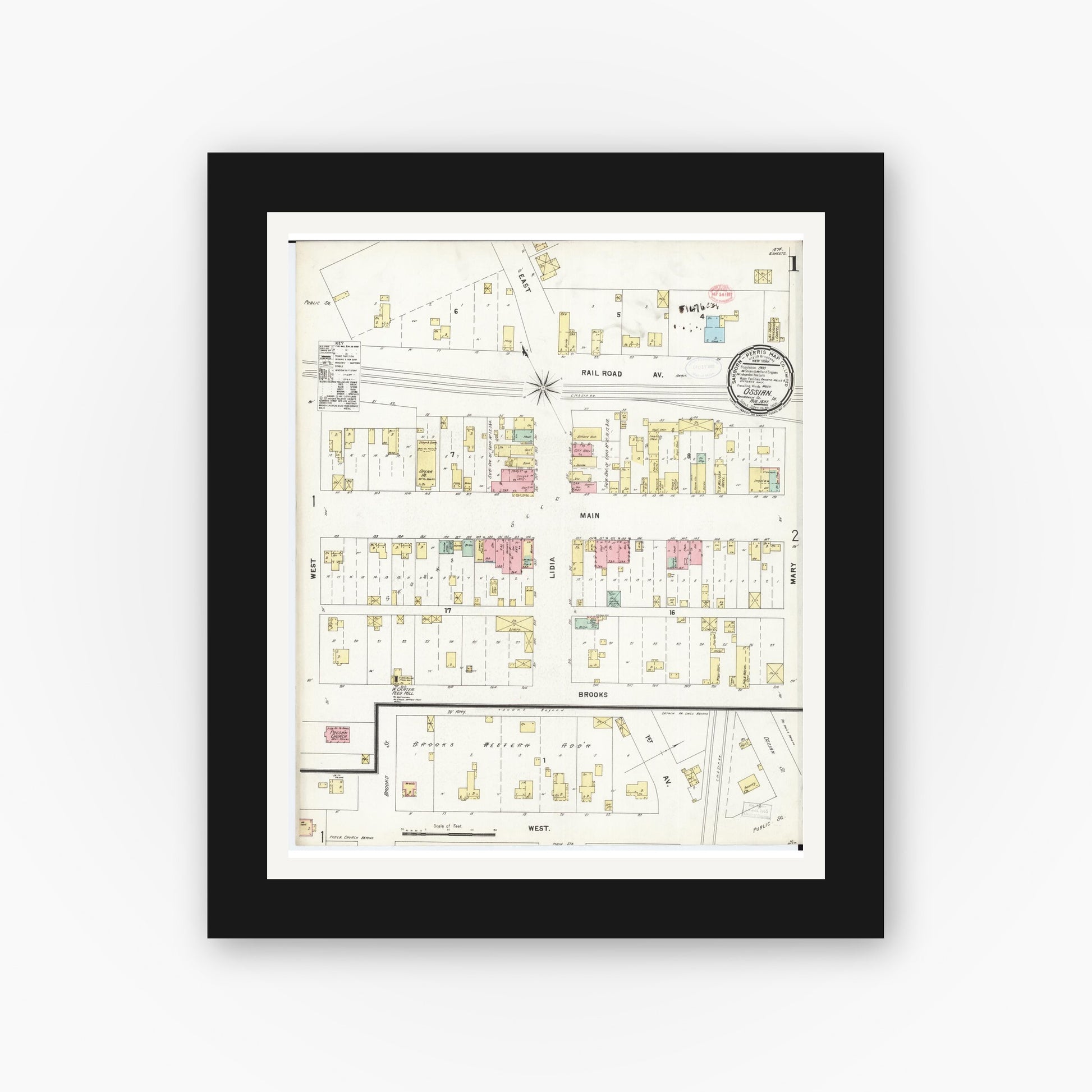 Old map wall art mockup — black gallery frame with white mat — Sanborn Fire Insurance Map from Ossian, Winneshiek County, Iowa (1897) â€” Complete Set