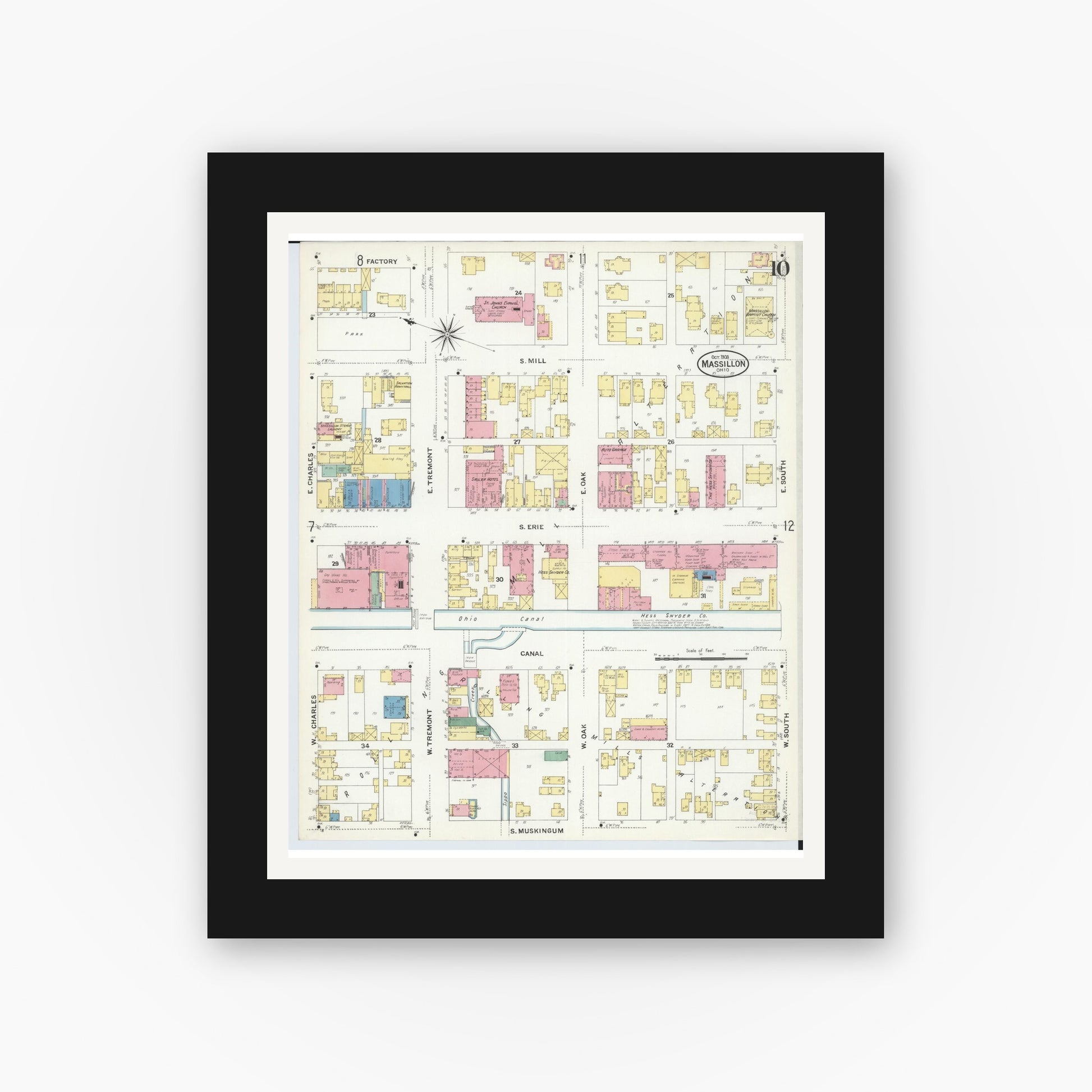 Old map wall art mockup — black gallery frame with white mat — Sanborn Fire Insurance Map from Massillon, Stark County, Ohio (1908), Sheet #0010