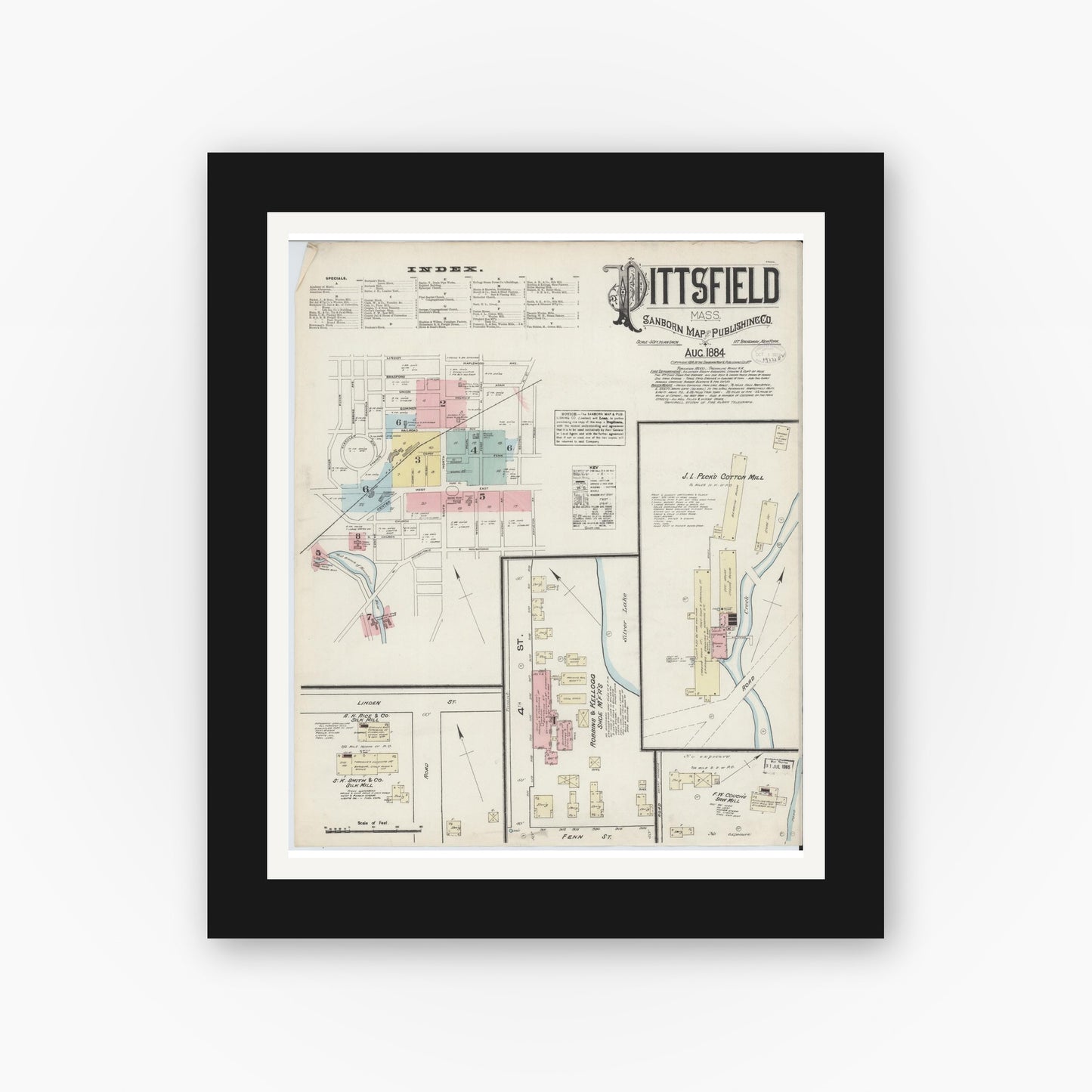 Old map wall art mockup — black gallery frame with white mat — Sanborn Fire Insurance Map from Pittsfield, Berkshire County, Massachusetts (1884) - Complete Map Set