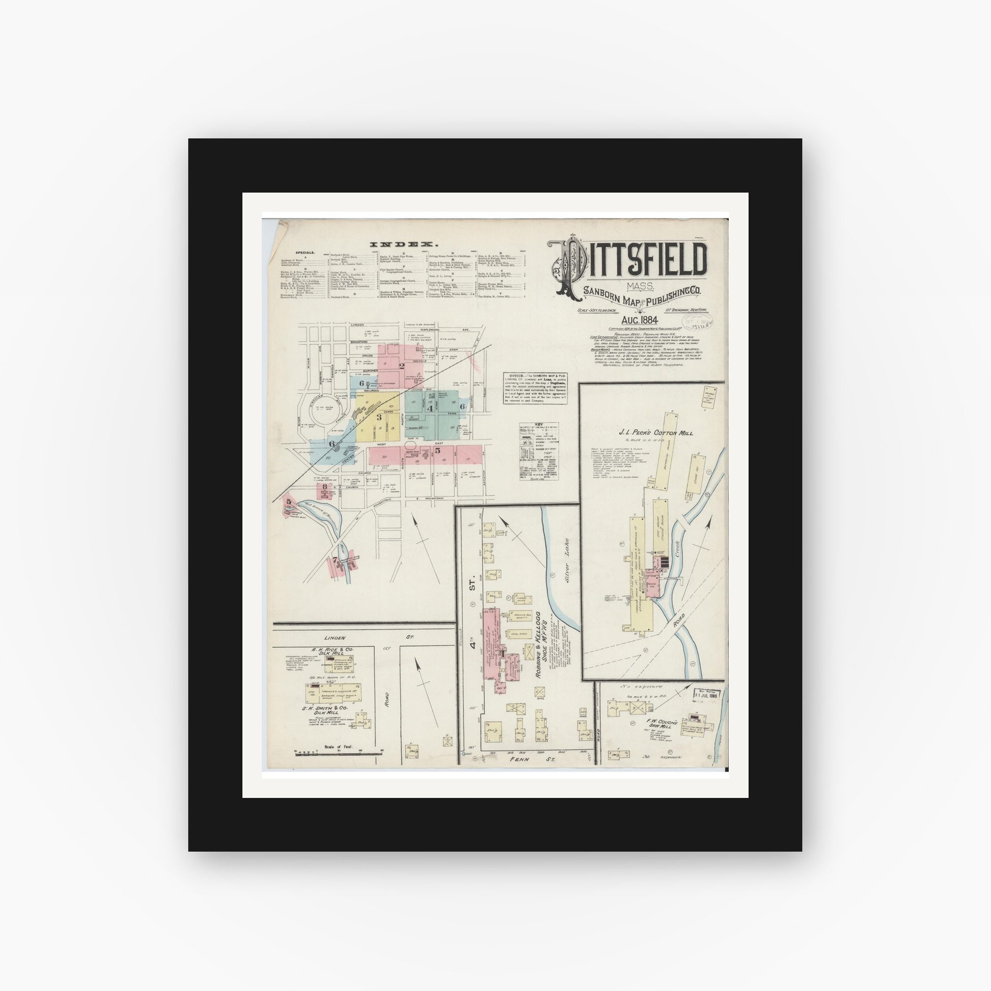 Old map wall art mockup — black gallery frame with white mat — Sanborn Fire Insurance Map from Pittsfield, Berkshire County, Massachusetts (1884) - Complete Map Set