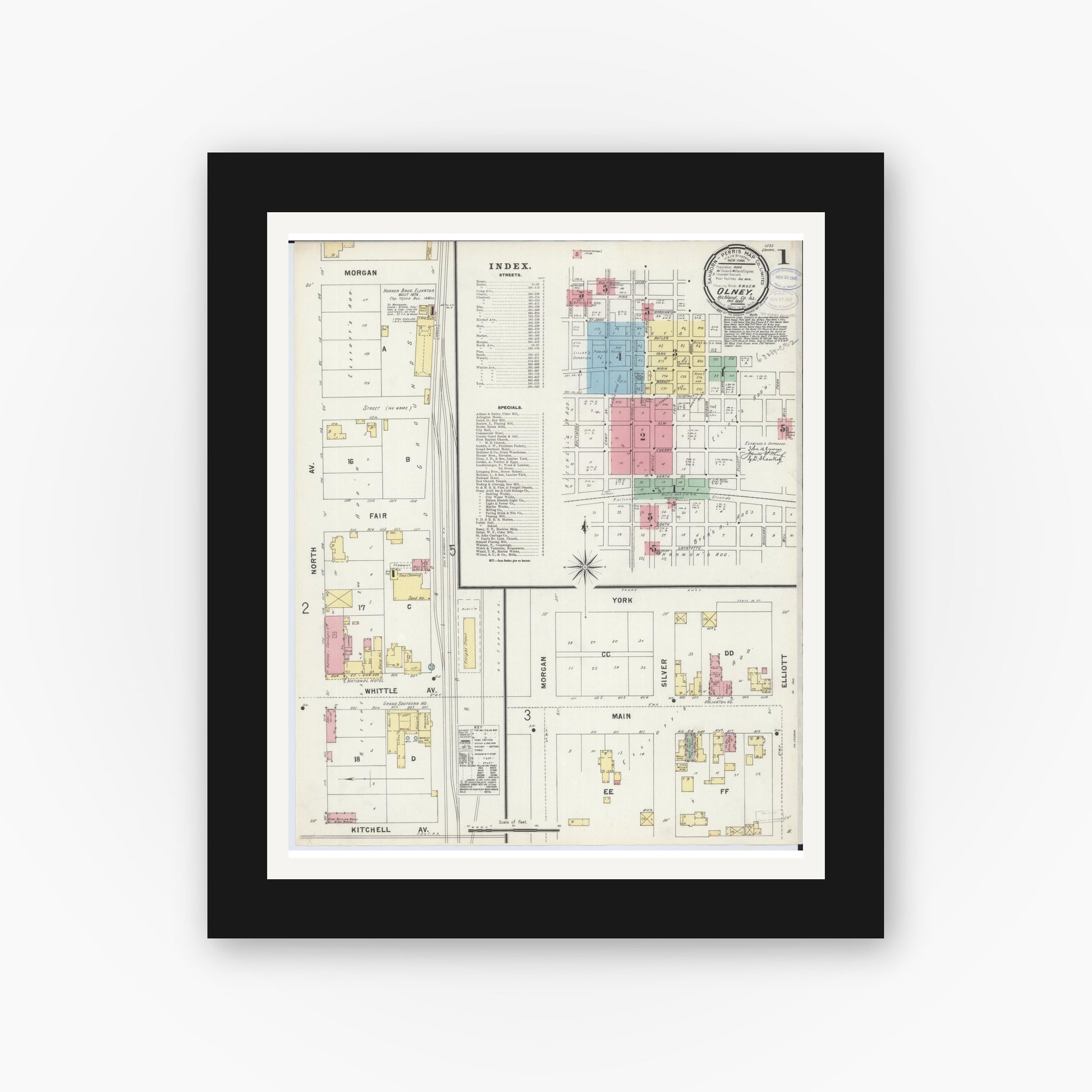 Old map wall art mockup — black gallery frame with white mat — Sanborn Fire Insurance Map from Olney, Richland County, Illinois (1897) - Complete Map Set