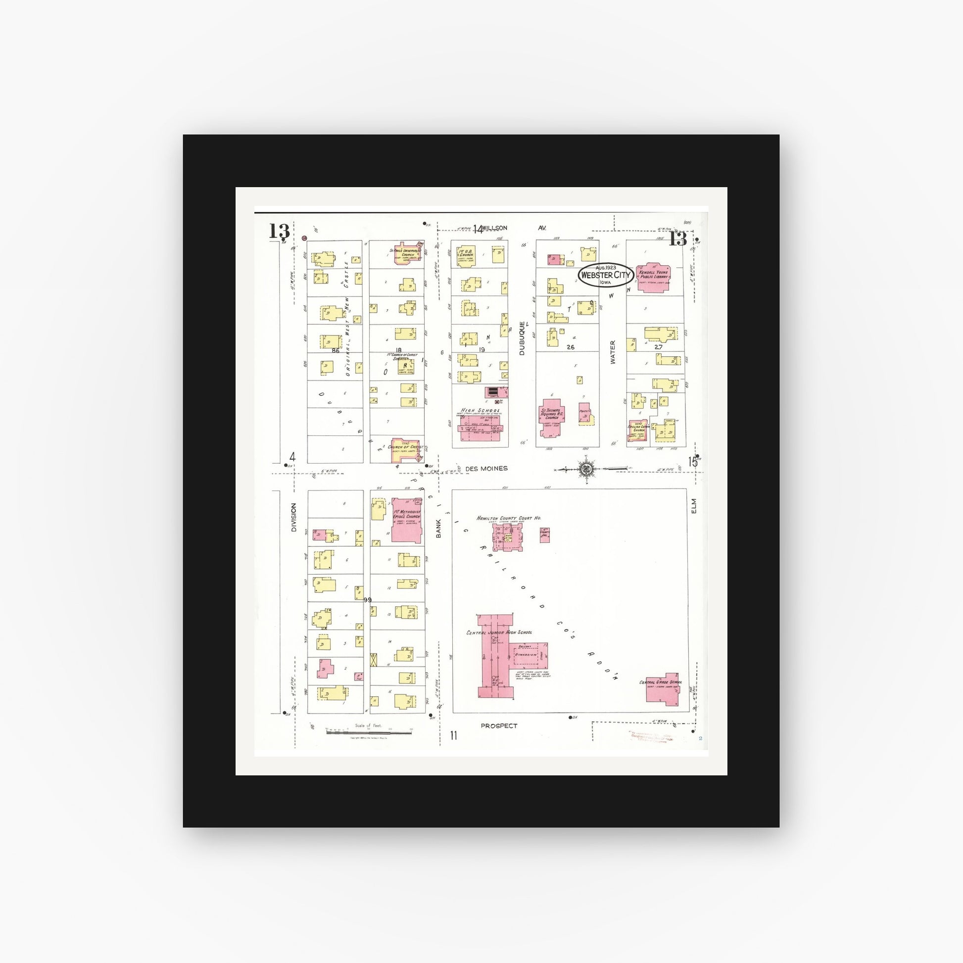 Old map wall art mockup — black gallery frame with white mat — Sanborn Fire Insurance Map from Webster City, Hamilton County, Iowa (1923), Sheet #0013