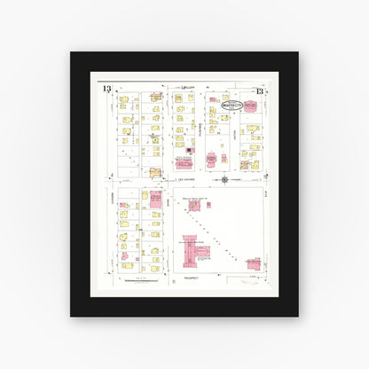 Old map wall art mockup — black gallery frame with white mat — Sanborn Fire Insurance Map from Webster City, Hamilton County, Iowa (1923), Sheet #0013