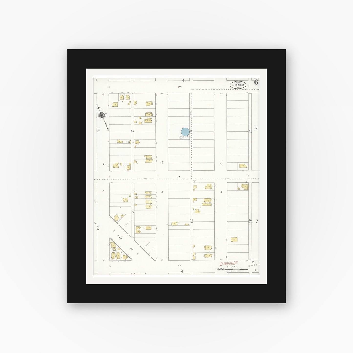 Old map wall art mockup — black gallery frame with white mat — Sanborn Fire Insurance Map from Coronado, San Diego County, California (1921), Sheet #0006