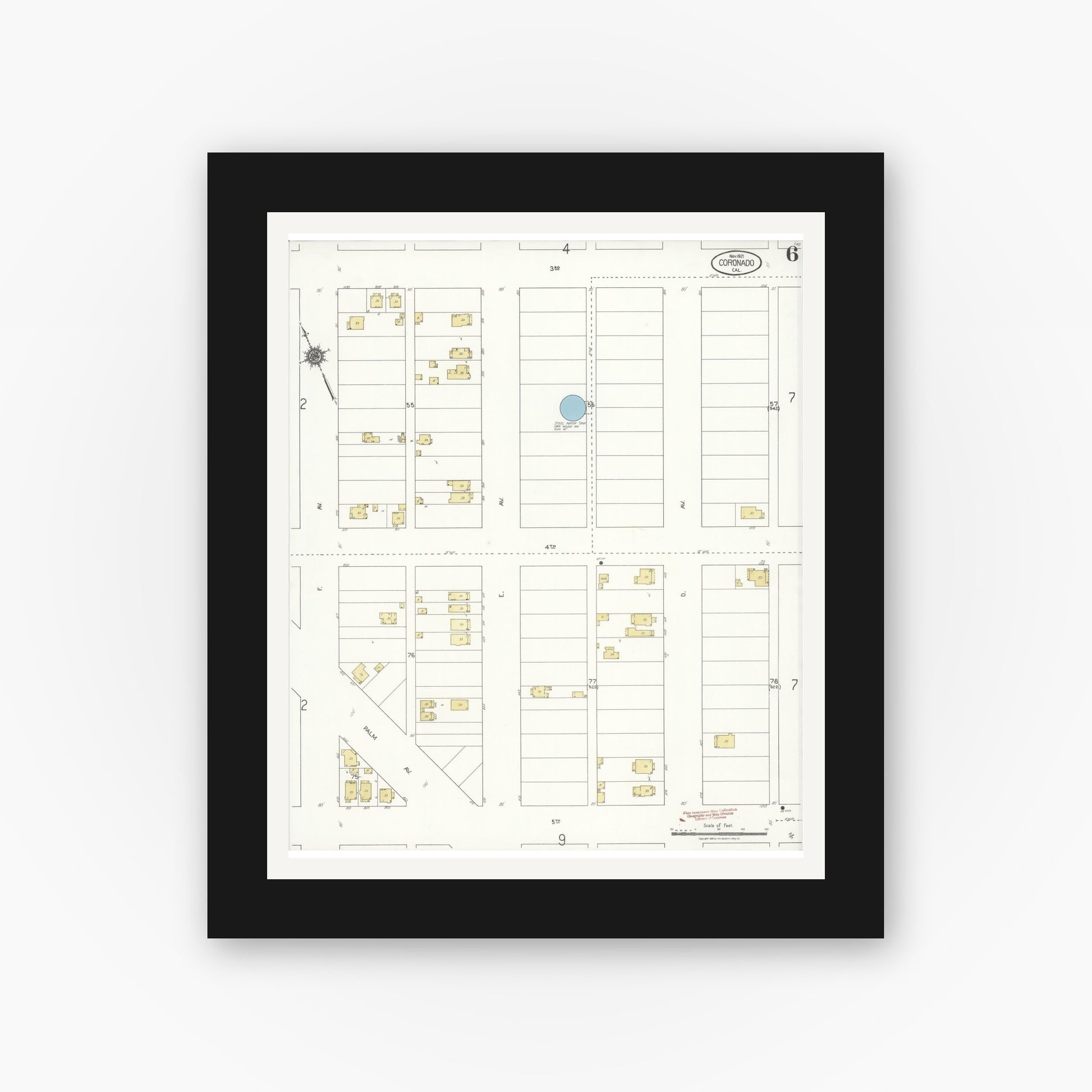 Old map wall art mockup — black gallery frame with white mat — Sanborn Fire Insurance Map from Coronado, San Diego County, California (1921), Sheet #0006