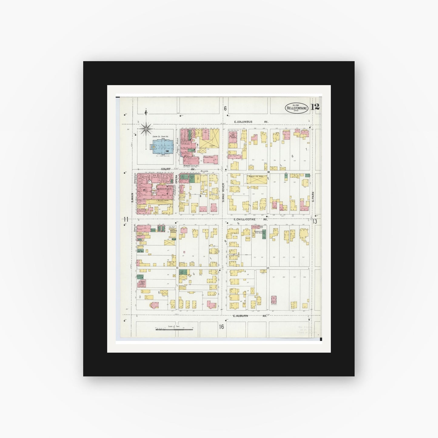 Old map wall art mockup — black gallery frame with white mat — Sanborn Fire Insurance Map from Bellefontaine, Logan County, Ohio (1901), Sheet #0012