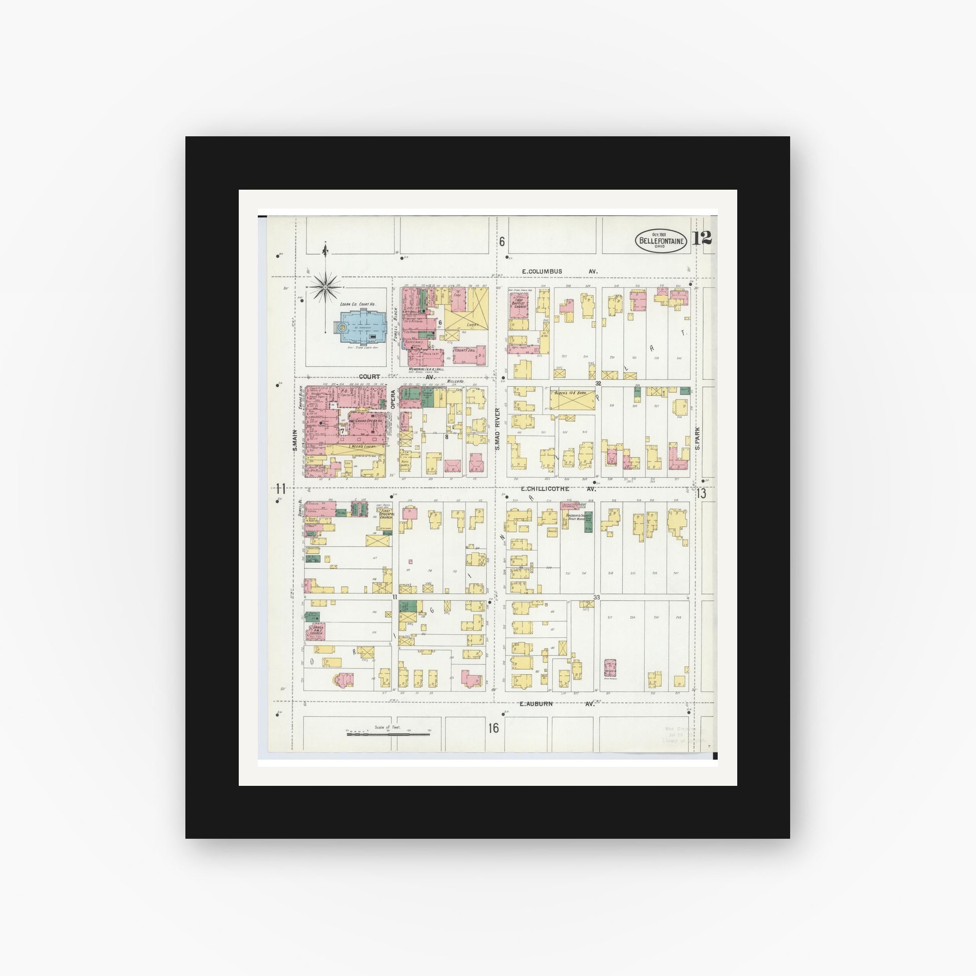 Old map wall art mockup — black gallery frame with white mat — Sanborn Fire Insurance Map from Bellefontaine, Logan County, Ohio (1901), Sheet #0012