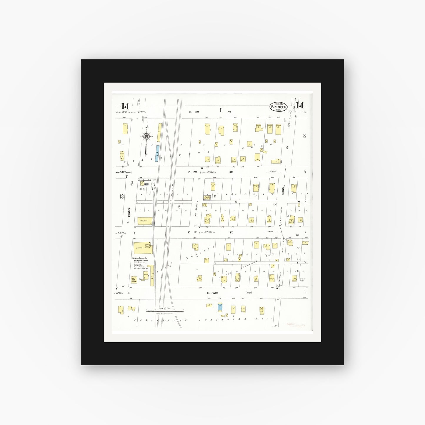 Old map wall art mockup — black gallery frame with white mat — Sanborn Fire Insurance Map from Spencer, Clay County, Iowa (1924), Sheet #0014