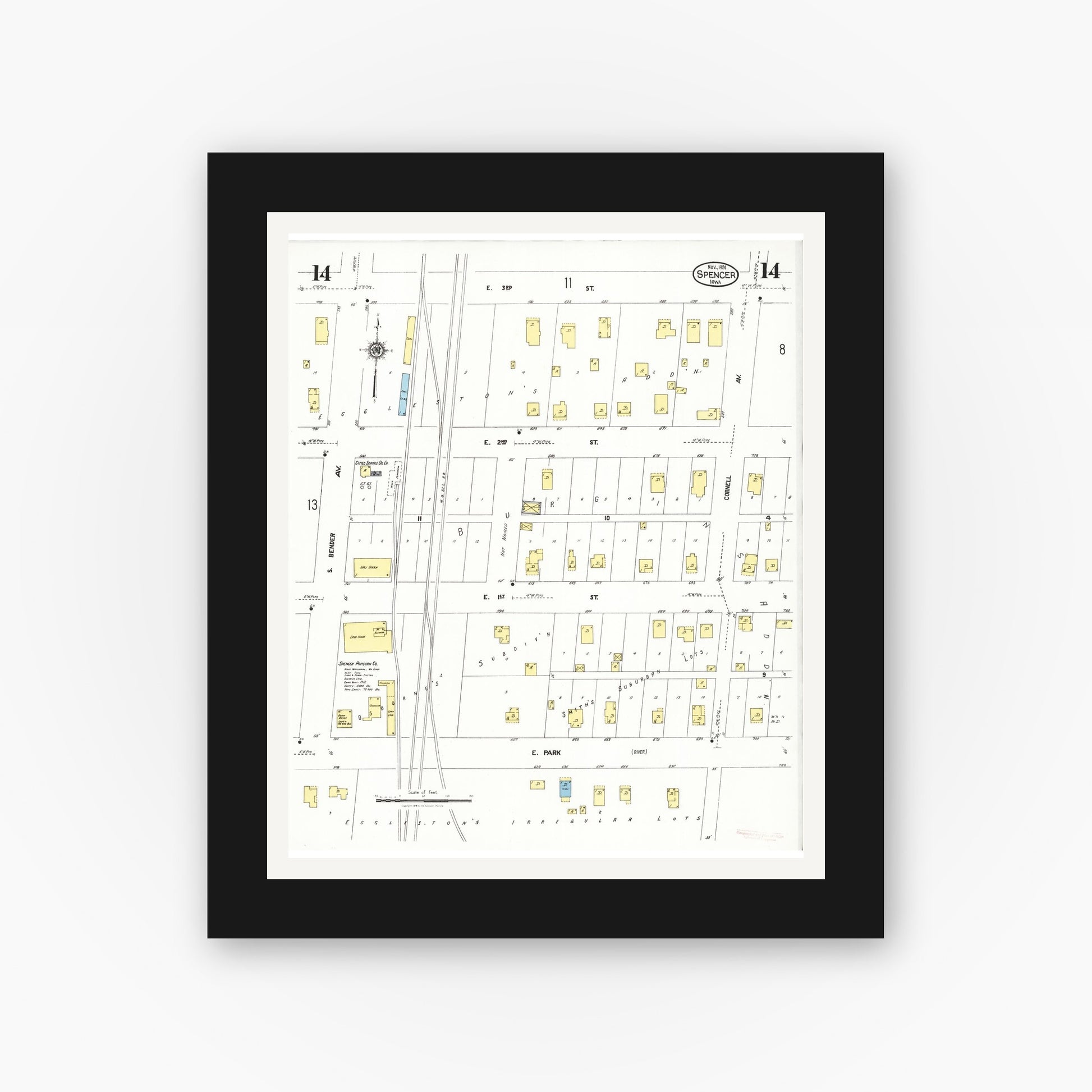 Old map wall art mockup — black gallery frame with white mat — Sanborn Fire Insurance Map from Spencer, Clay County, Iowa (1924), Sheet #0014