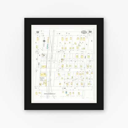 Old map wall art mockup — black gallery frame with white mat — Sanborn Fire Insurance Map from Spencer, Clay County, Iowa (1924), Sheet #0014
