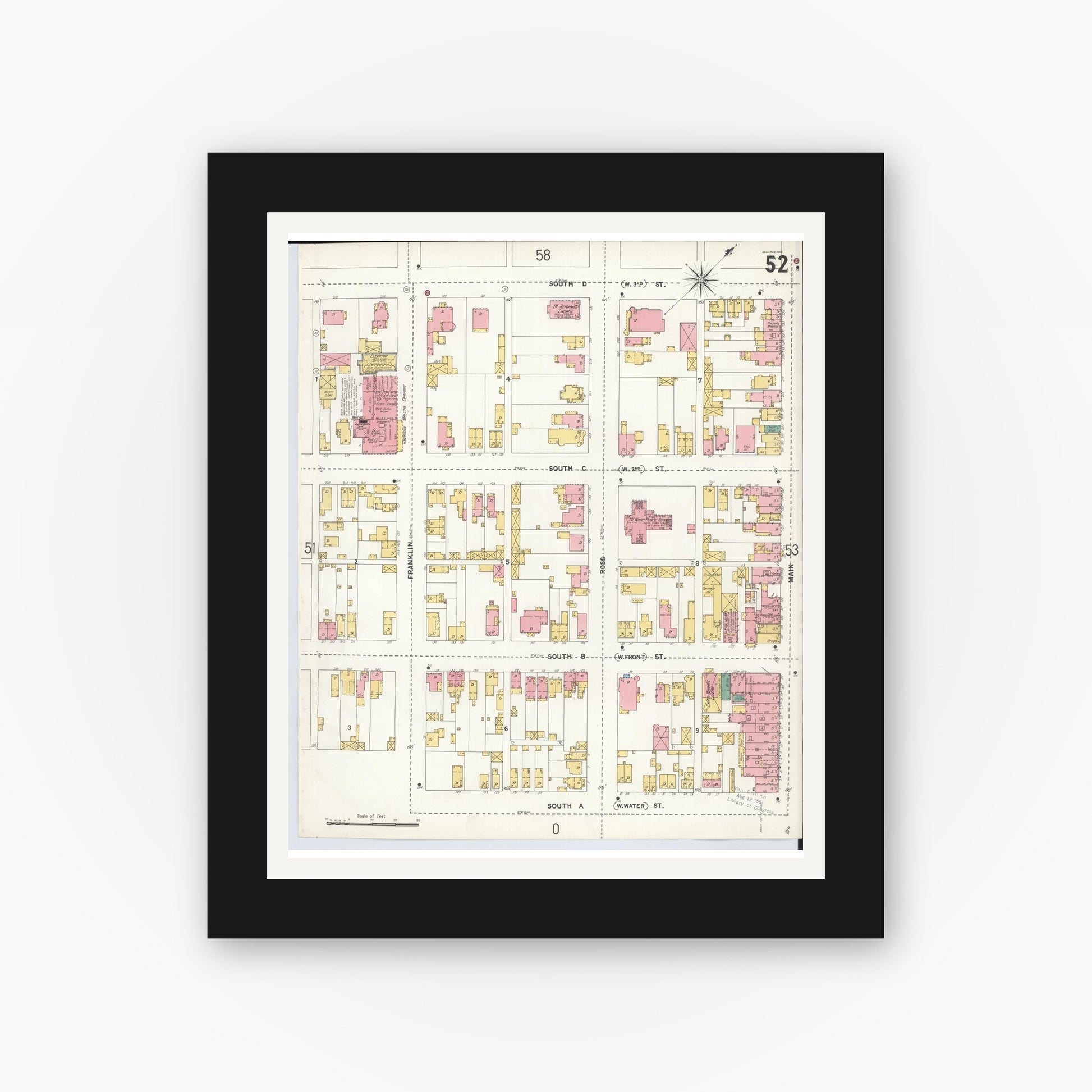 Old map wall art mockup — black gallery frame with white mat — Sanborn Fire Insurance Map from Hamilton, Butler County, Ohio (1899), Sheet #0052