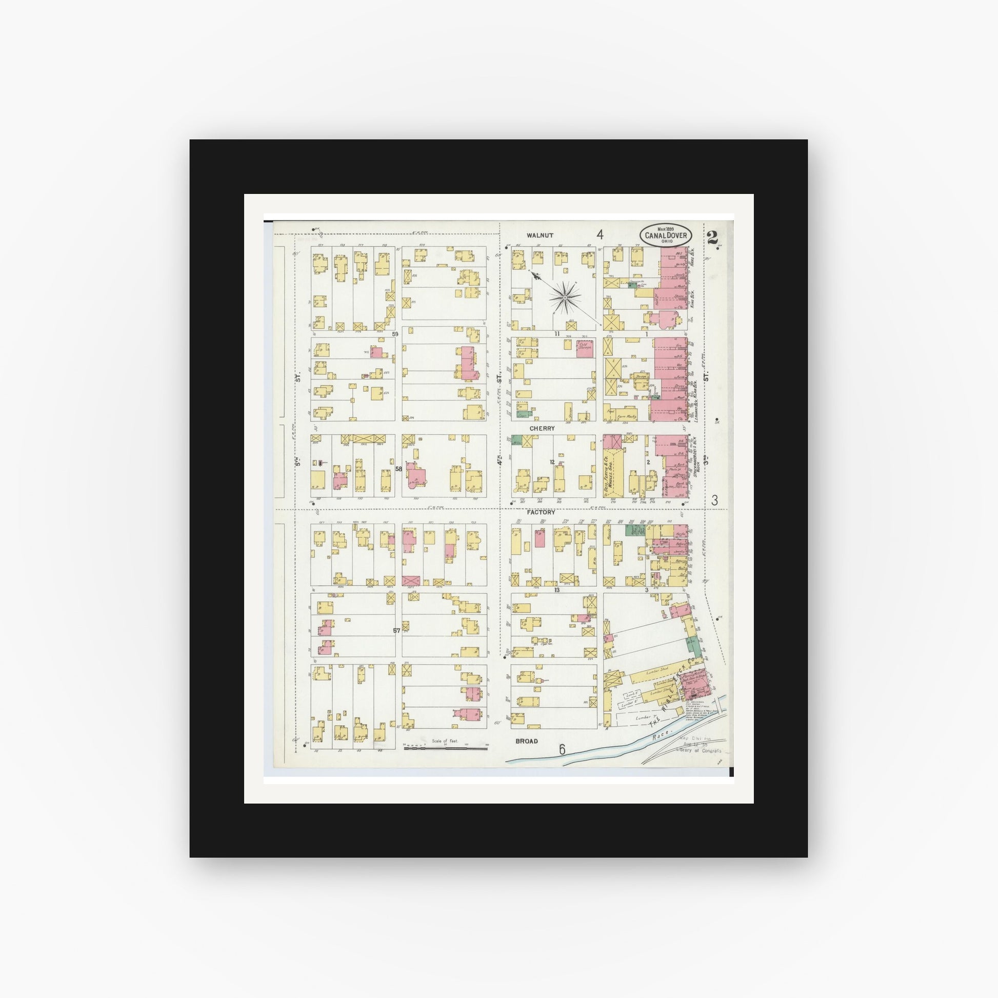 Old map wall art mockup — black gallery frame with white mat — Sanborn Fire Insurance Map from Canal Dover, Tuscarawas County, Ohio (1899), Sheet #0002