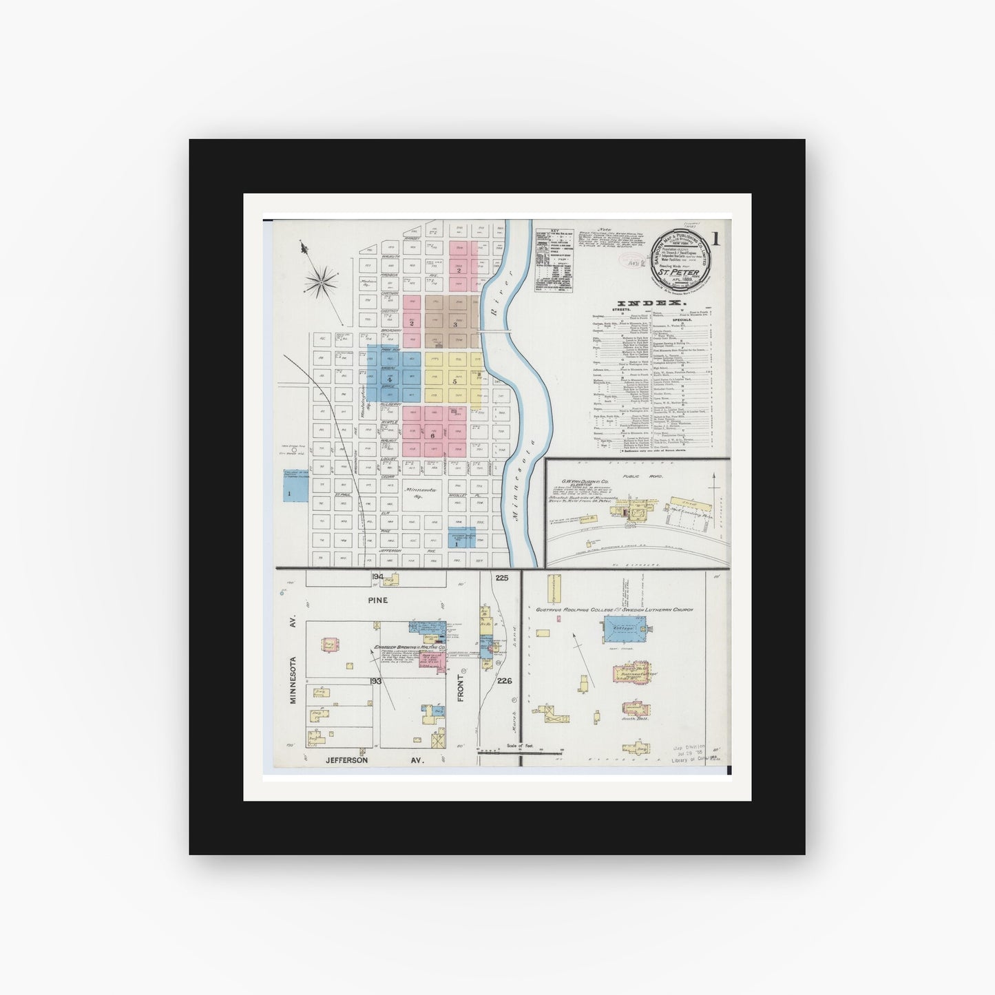 Old map wall art mockup — black gallery frame with white mat — Sanborn Fire Insurance Map from Saint Peter, Nicollet County, Minnesota (1889) - Complete Map Set